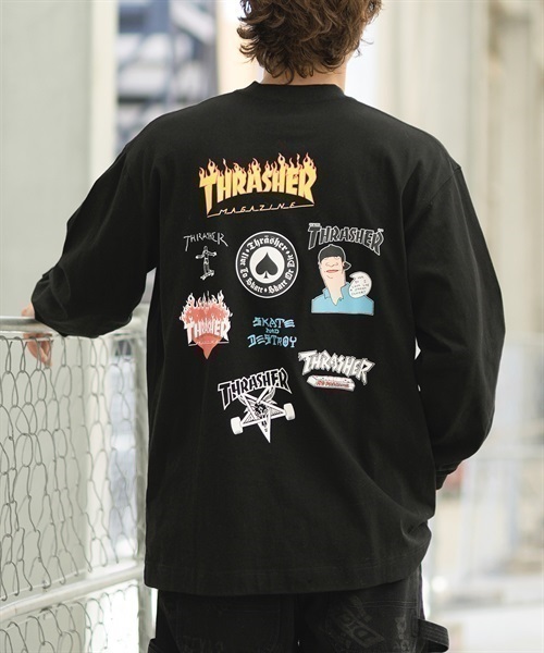 THRASHER/スラッシャー LSTシャツ ランダムロゴバックプリント ビックシルエット フロント刺しゅうロゴ 23MS-LS1 ムラサキスポーツ別注(ORG-M)