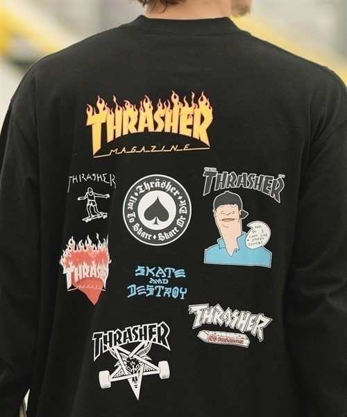 THRASHER/スラッシャー LSTシャツ ランダムロゴバックプリント ビックシルエット フロント刺しゅうロゴ 23MS-LS1 ムラサキスポーツ別注(ORG-M)