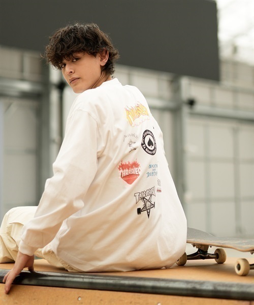 THRASHER/スラッシャー LSTシャツ ランダムロゴバックプリント ビックシルエット フロント刺しゅうロゴ 23MS-LS1 ムラサキスポーツ別注(WHT-M)