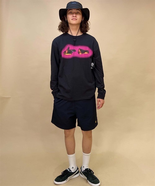 VOLCOM/ボルコム メンズ ロゴT スリーブプリント クルーネックコットンロンTee AF632306(BLK-S)