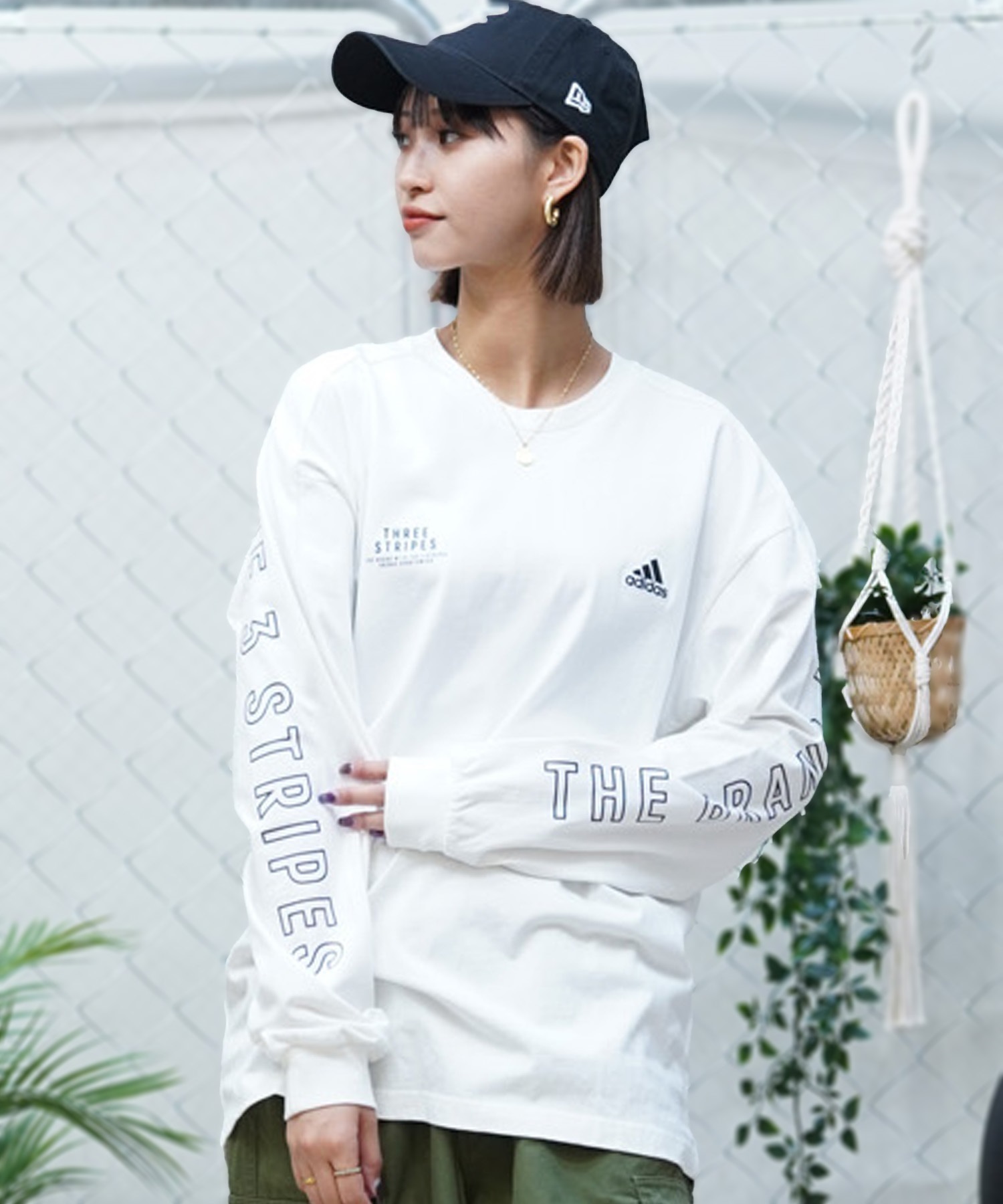 adidas アディダス メンズ レディース 長袖 Tシャツ ロンＴ スリーブプリント クルーネック オーバーサイズ JSY26(BK/WT-M)