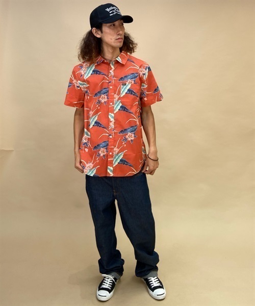 INDEPENDENT×BRIXTON アイアンクロス総柄　レーヨン混半袖シャツ BRIXTON/ブリクストン CHARTER PRINT 総柄 半袖シャツ 1218