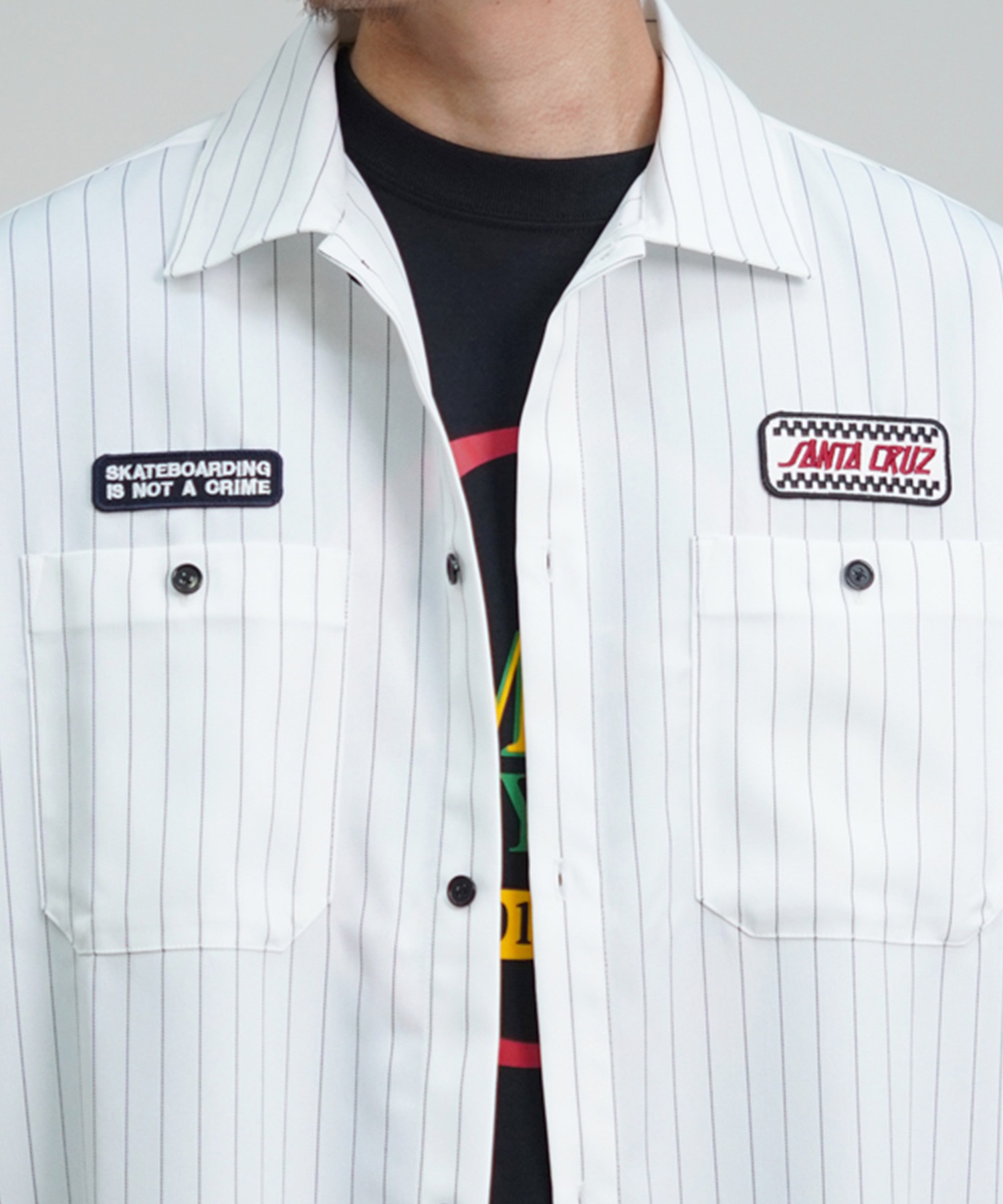 【ムラサキスポーツ限定】 SANTACRUZ サンタクルーズ メンズ 半袖シャツ ワークシャツ ストライプ柄 502241204(WHITE-M)