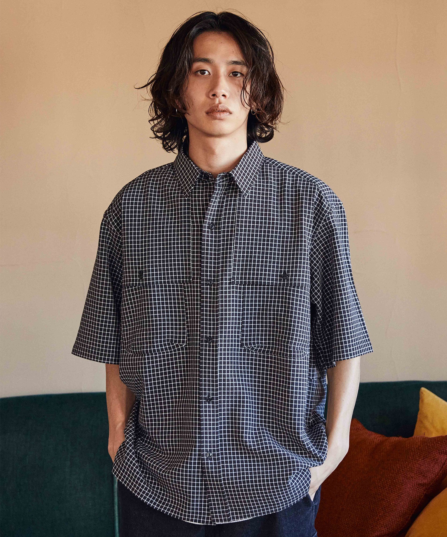 DEAR LAUREL ディアローレル メンズ ユーティリティーフラップシャツ 半袖 格子柄 Utility flap shirts D24S2401(BLK-M)