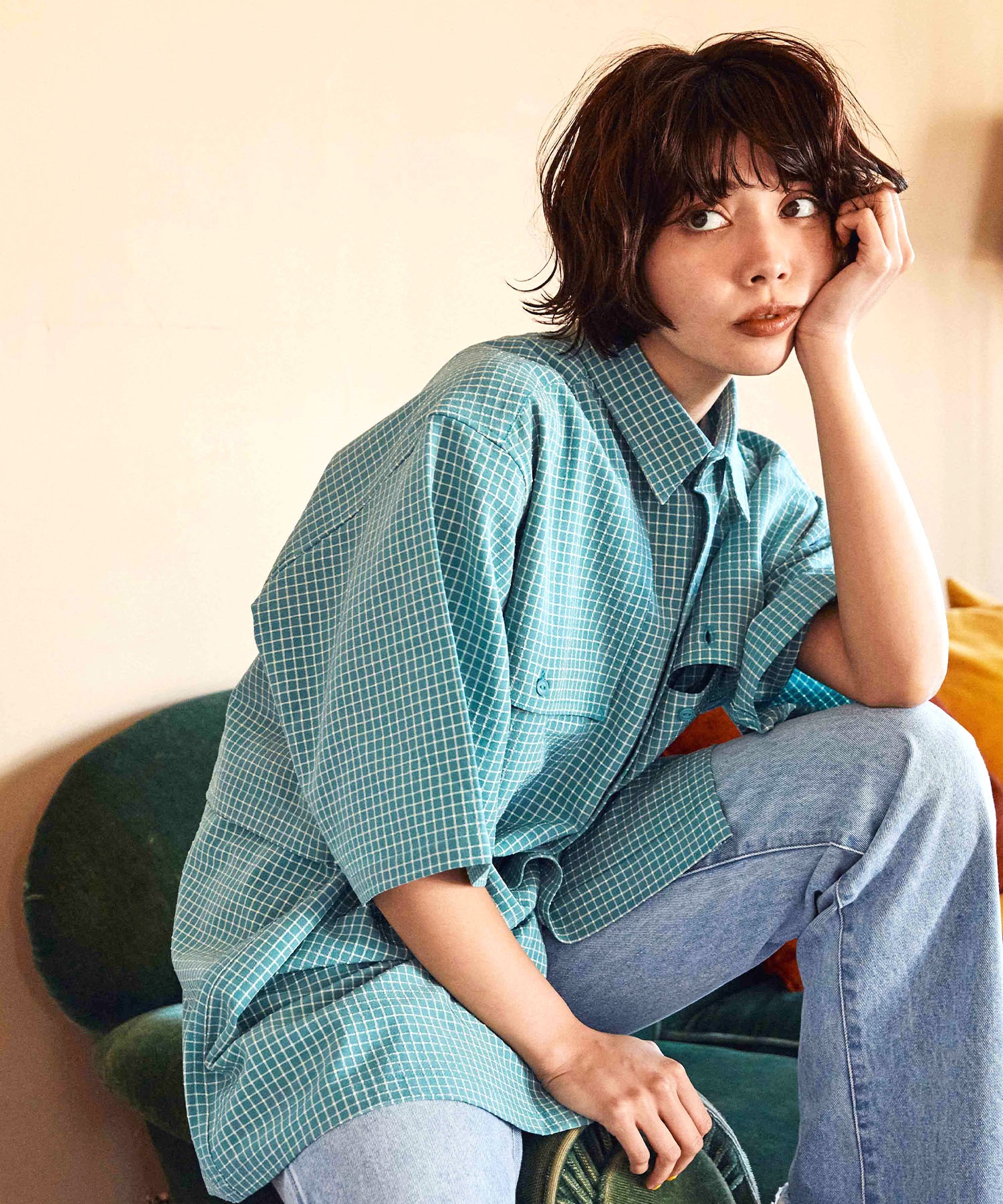 【マトメガイ対象】DEAR LAUREL ディアローレル メンズ ユーティリティーフラップシャツ 半袖 格子柄 Utility flap shirts D24S2401(BLK-M)