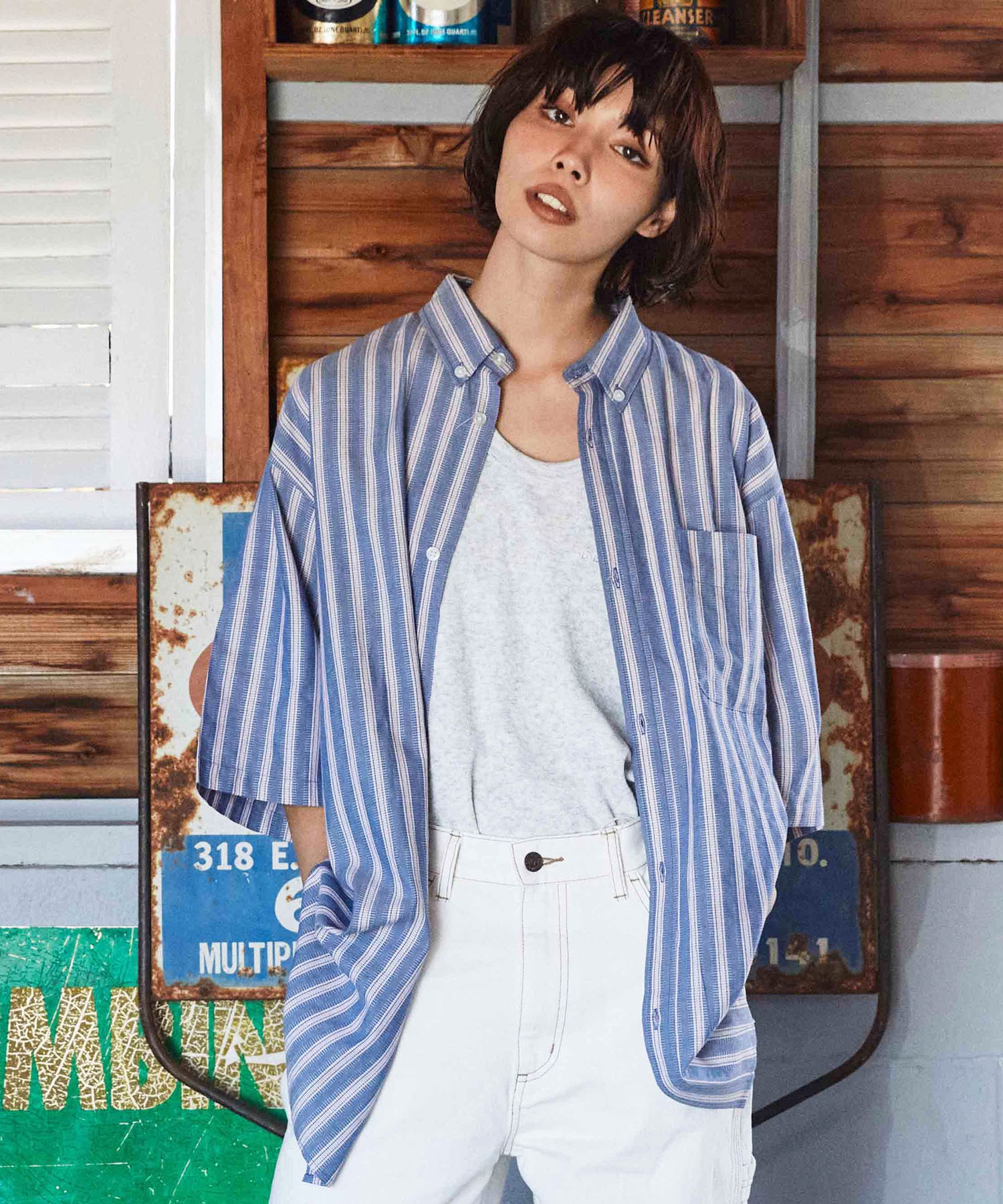 ホリスター【本物】最新半袖 ストライプボーダーシャツ/M青/IR4 ホリスター【本物】最新半袖 ストライプボーダーシャツ/M青/IR4