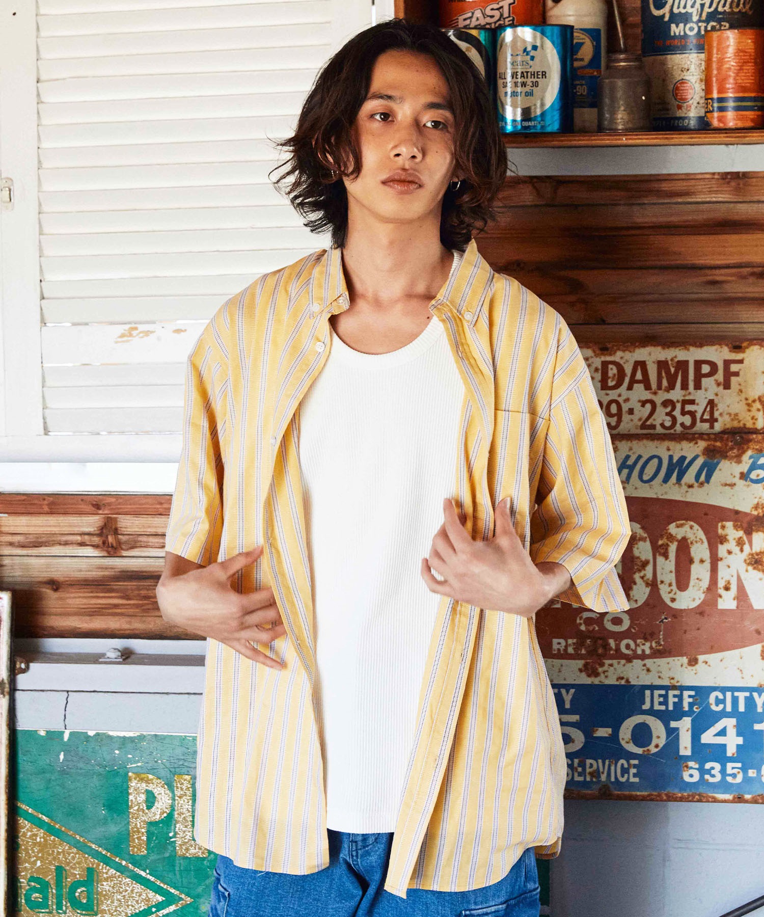 DEAR LAUREL ディアローレル メンズ ボタンダウンシャツ 半袖 ストライプ柄 Buttondown Shirts D24S2402(YEL-M)