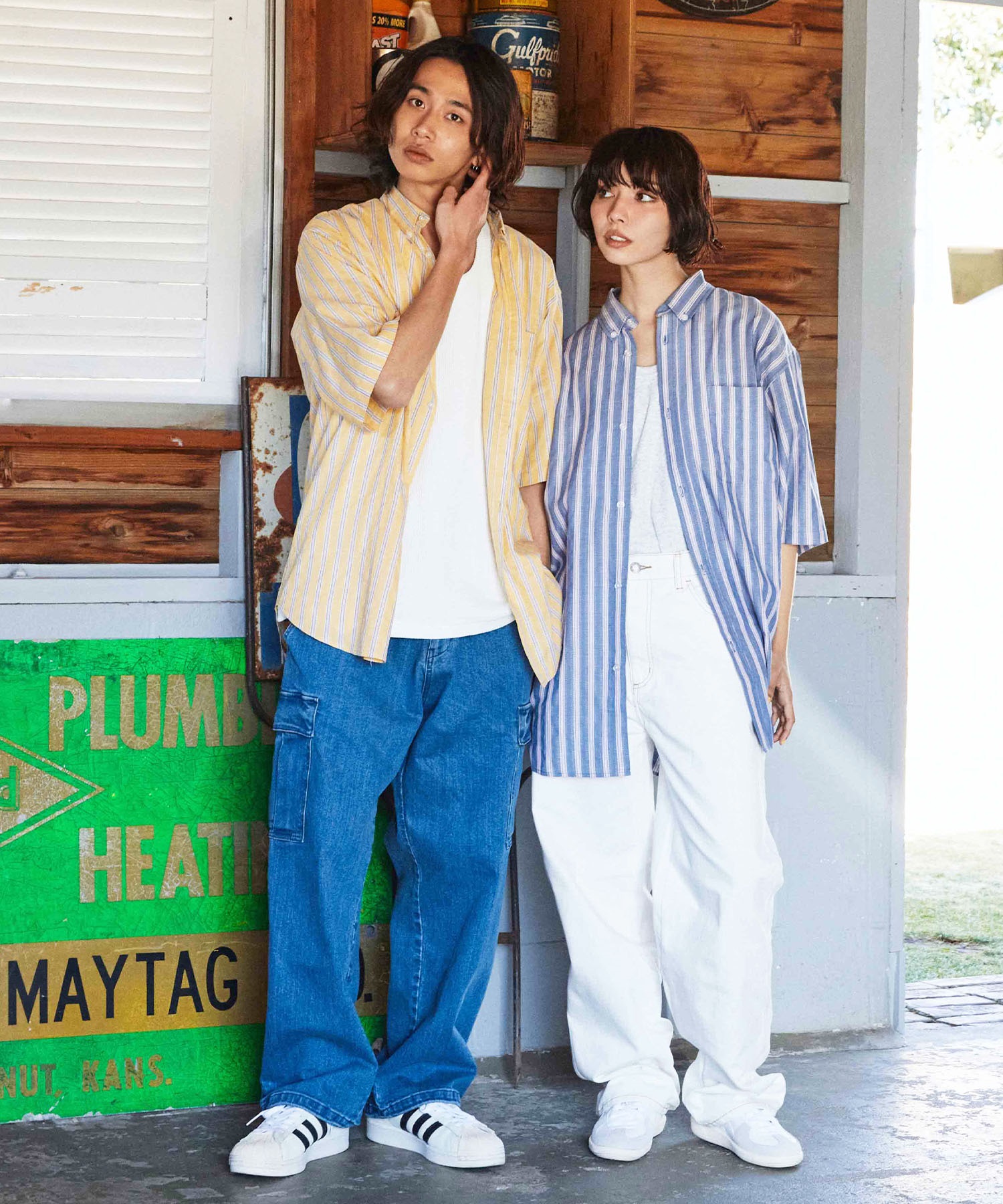 DEAR LAUREL ディアローレル メンズ ボタンダウンシャツ 半袖 ストライプ柄 Buttondown Shirts D24S2402(YEL-M)