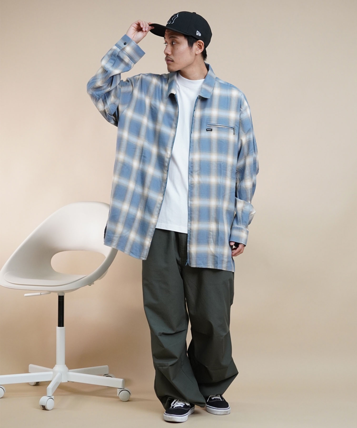 RVCA ルーカ OMBRER CHECK ZIP SHIRTS メンズ シャツ ジップアップ チェック オーバーサイズ BE041-759(BLK-S)