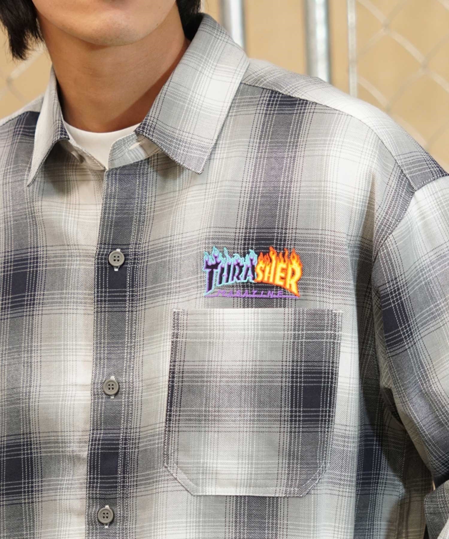 【ムラサキスポーツ別注】THRASHER/スラッシャー オンブレチェック 長袖シャツ ビッグシルエット 裾スクエア THM-24ASLSS01(GRY-M)