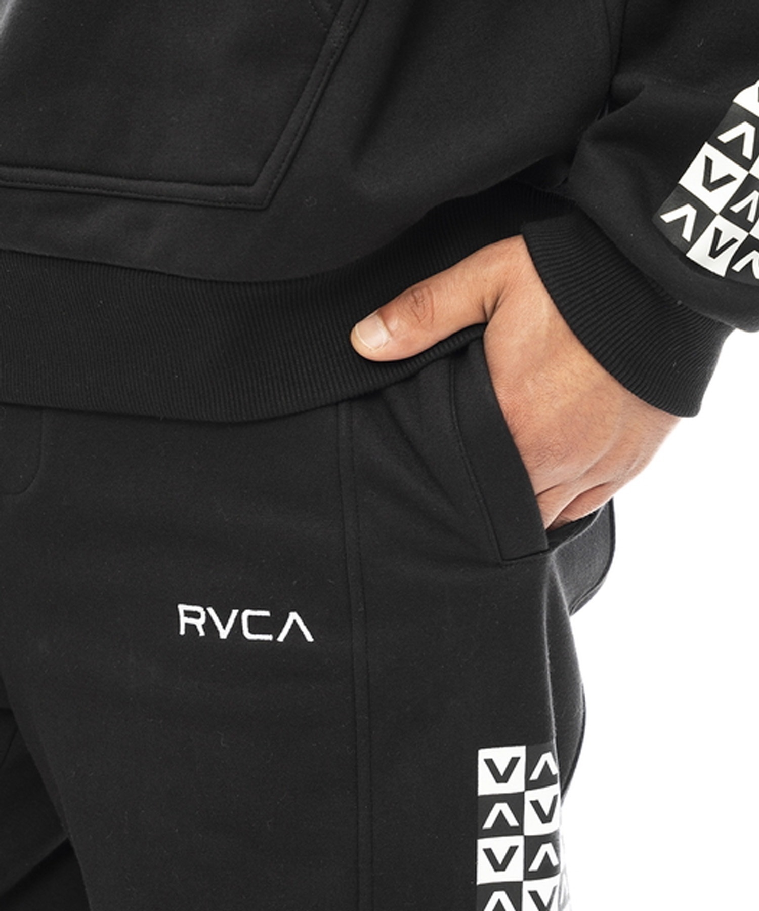 RVCA/ルーカ CHECKER SWEAT PANTS メンズ スウェットパンツ チェッカーフラッグ柄 市松模様 防風 撥水 セットアップ対応 BD042-747(WHT-S)