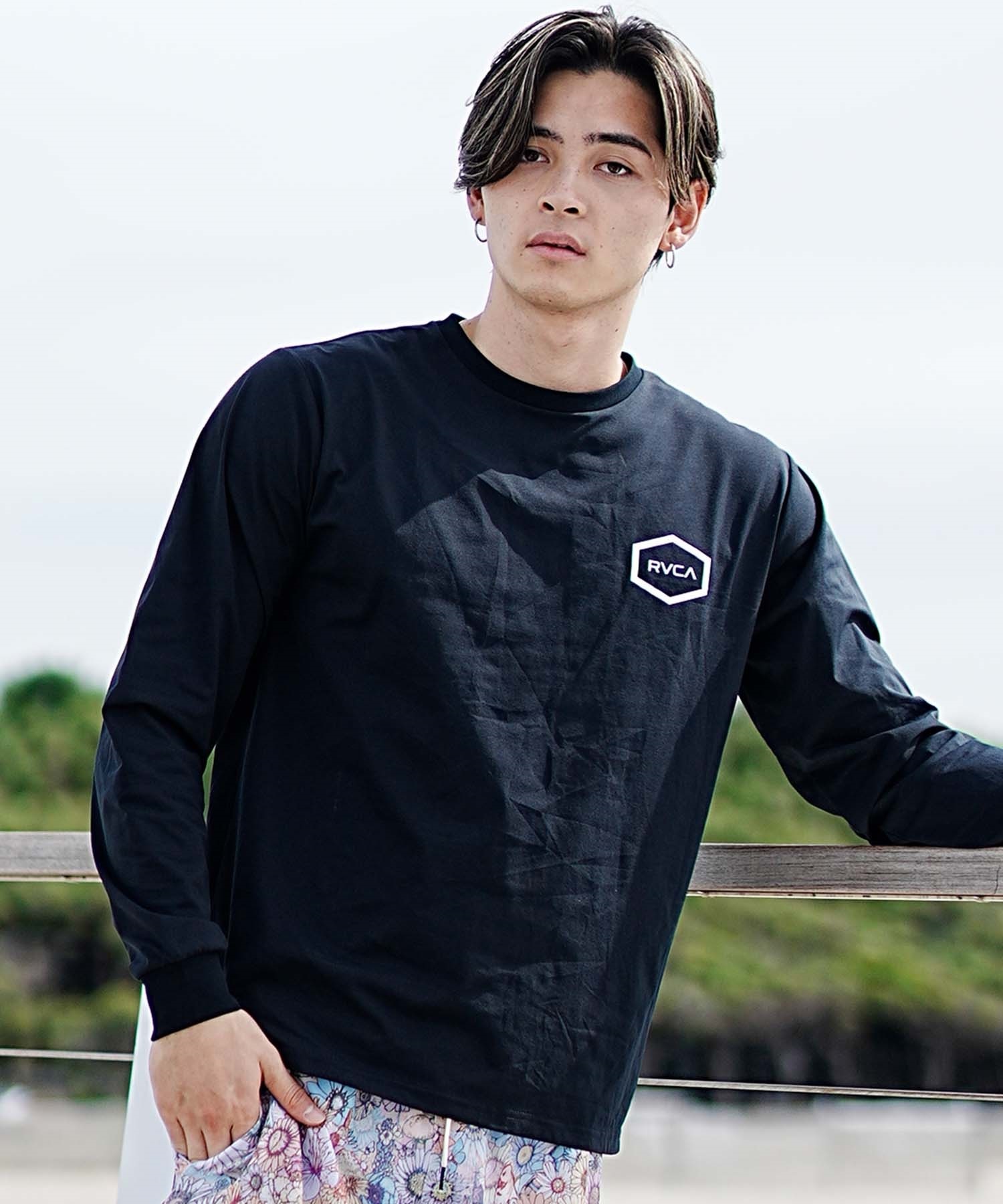 【マトメガイ対象】RVCA ルーカ HEX SURF LS メンズ ラッシュガード 長袖 Tシャツ ロンT 水陸両用 ユーティリティ UVカット BE041-801(BBL-S)