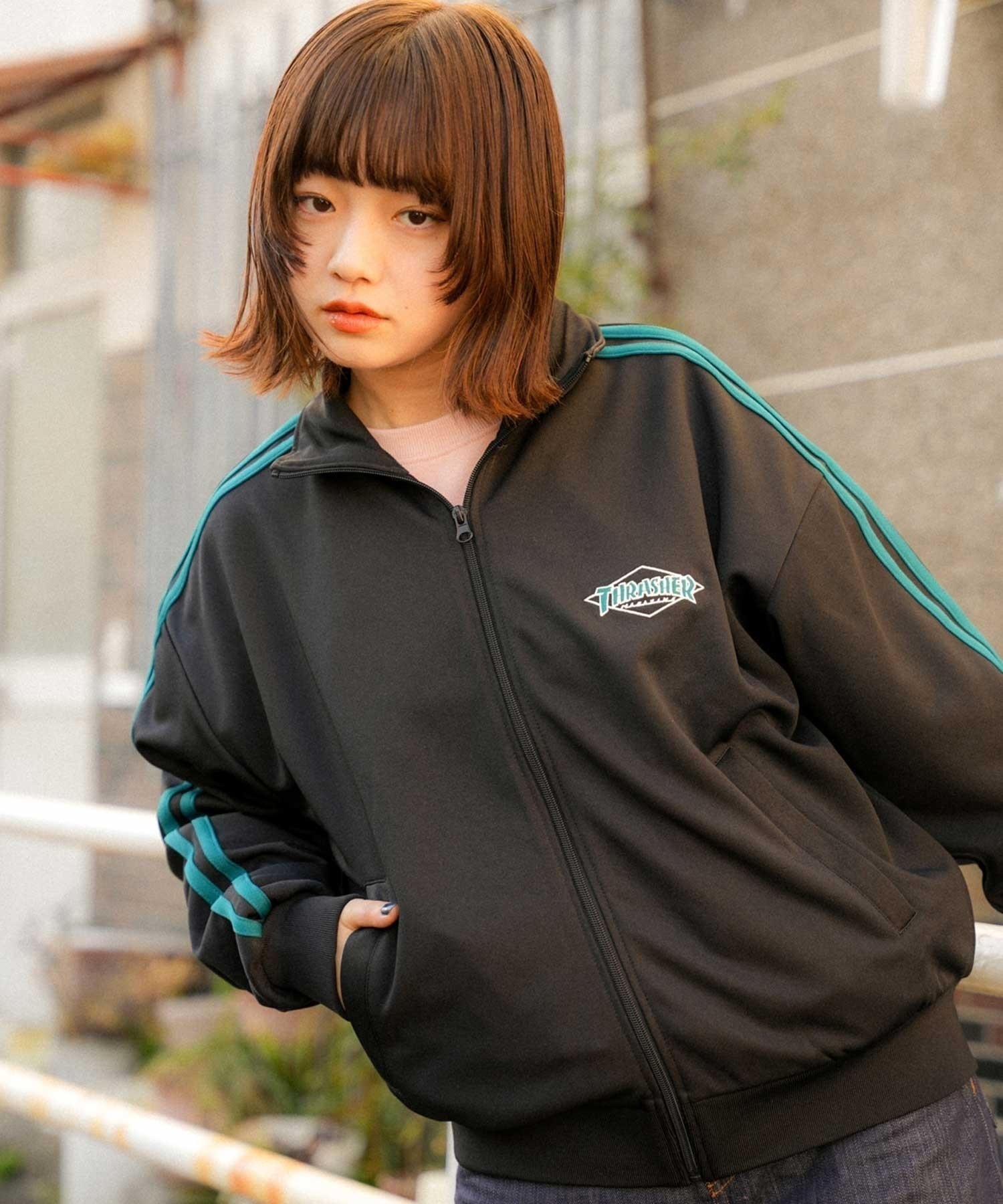 THRASHER スラッシャー THML-24SPJKT02 レディース ジャケット トラックトップ ジャージ ビッグシルエット ムラサキスポーツ限定(BLK-M)