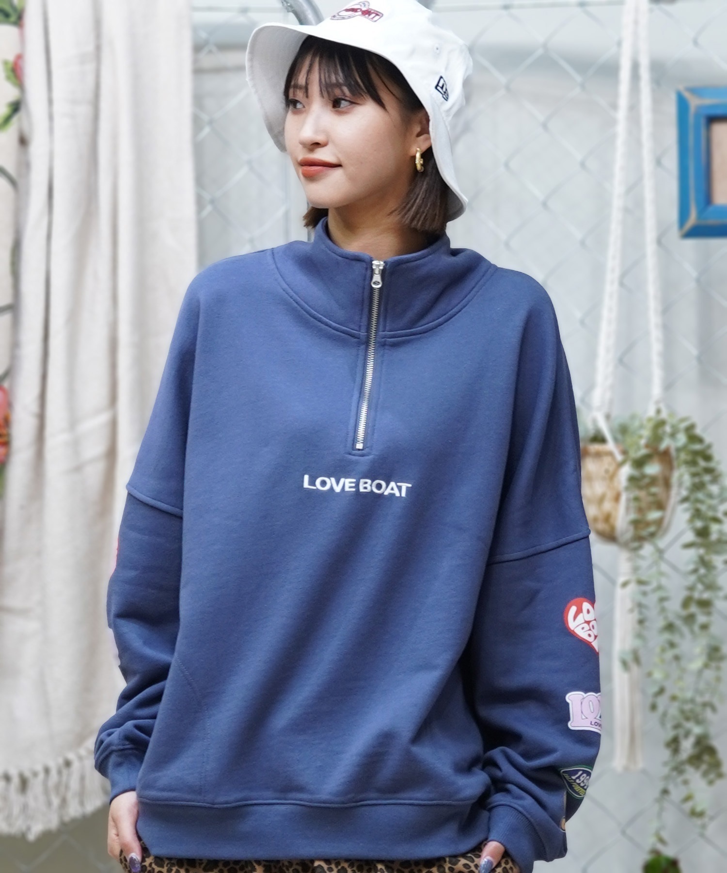 【ムラサキスポーツ限定】LOVE BOAT ラブボート レディース ハーフジップ トレーナー オーバーサイズ 袖ロゴ 裏毛 LB-HZS01(BK-FREE)