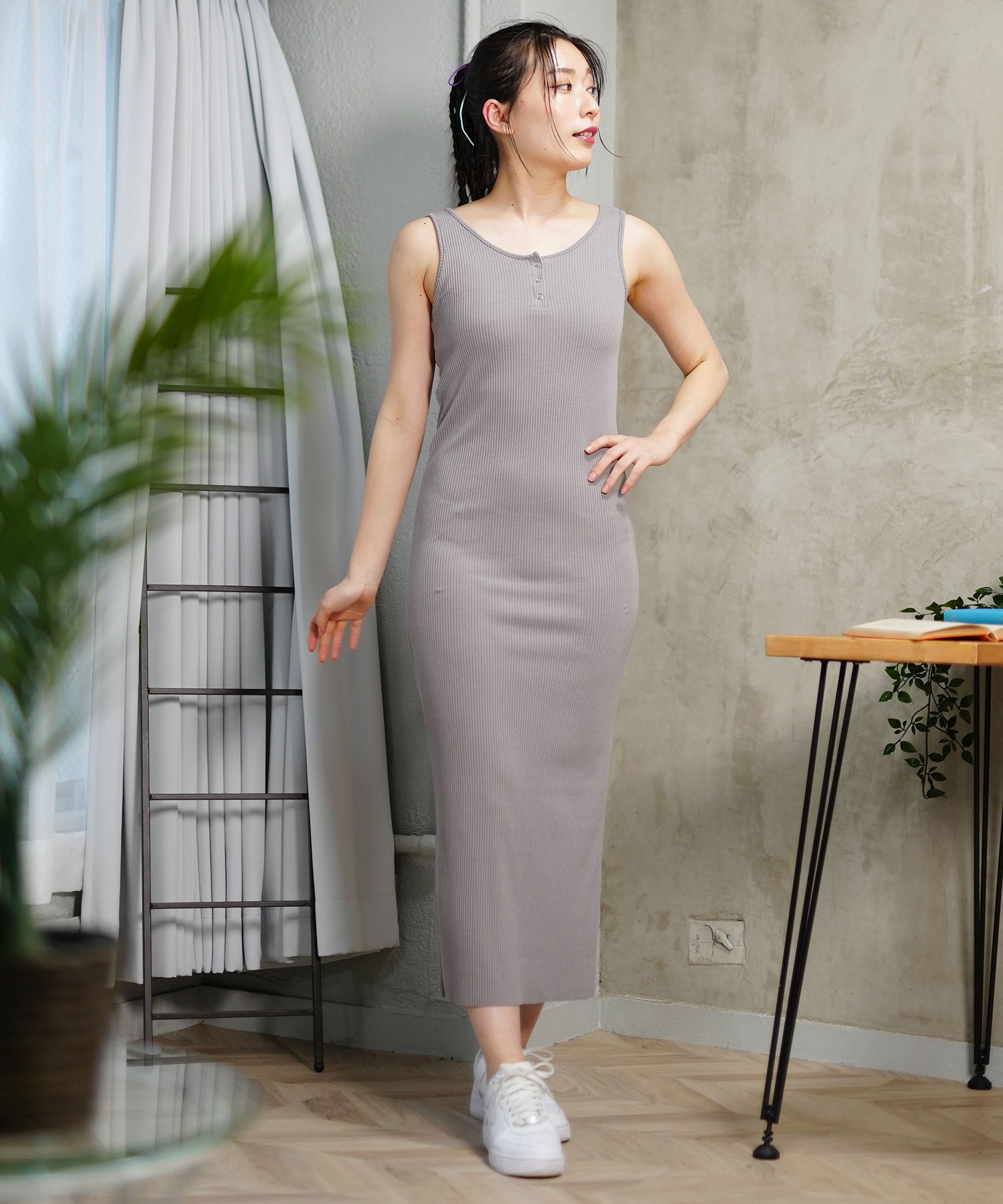 RIKKA FEMME リッカファム レディース リブ ロングワンピース マキシ丈 ストレッチ 無地 シンプル RF24SS12(GRY-FREE)