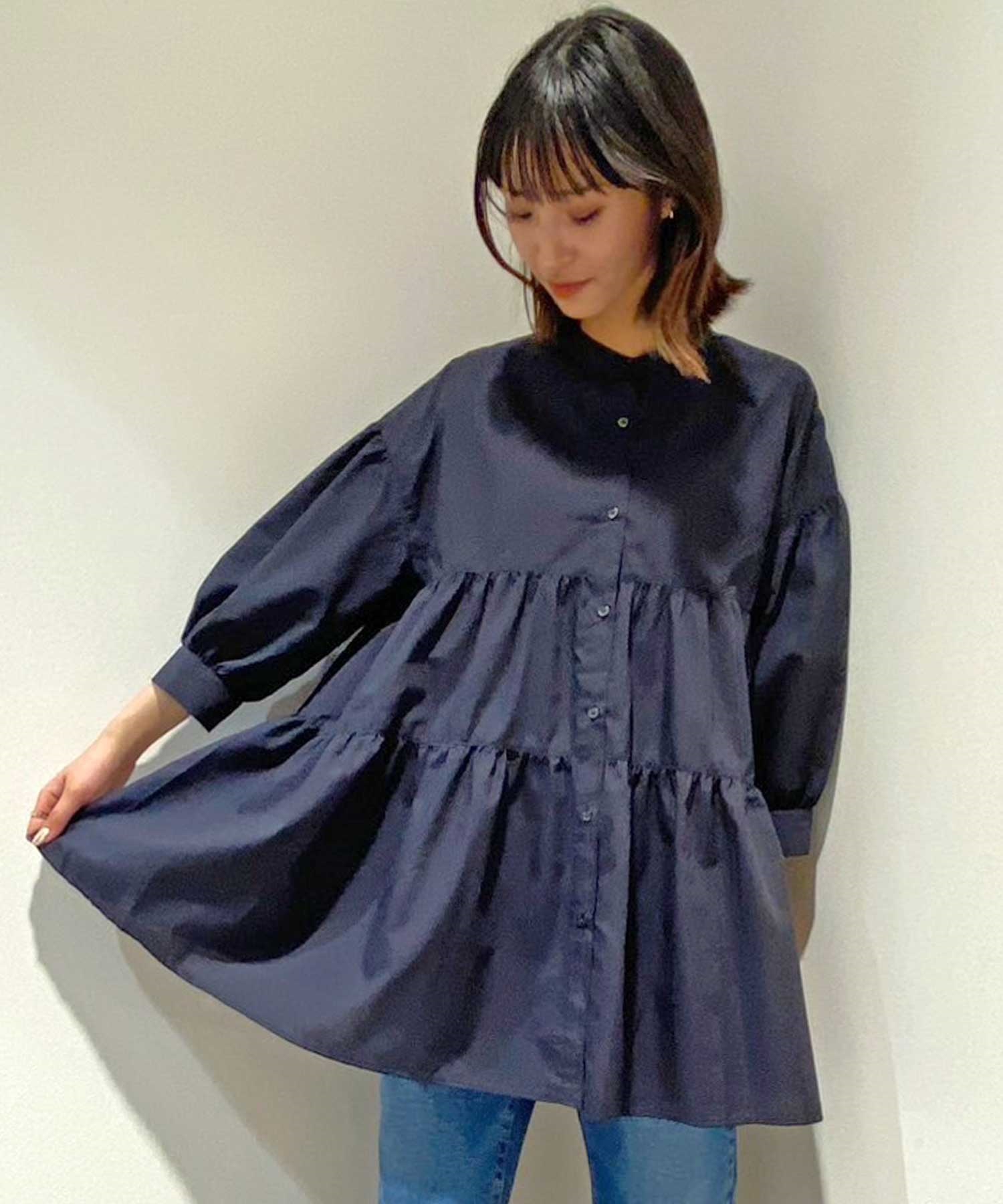 RIKKA FEMME リッカファム レディース 長袖 シャツ フレア トップス ワンピース 体型カバー TNC RF24SS18(NAV-FREE)