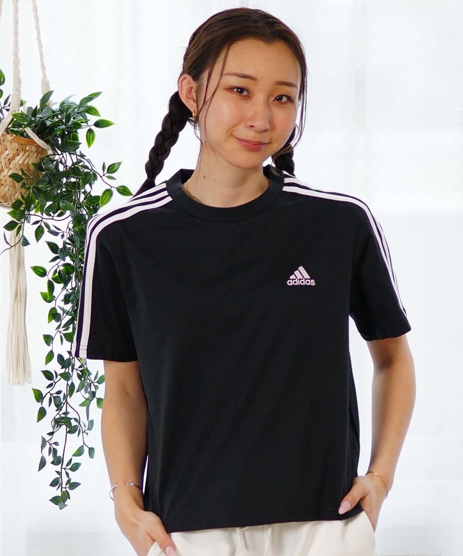 adidas アディダス レディース 半袖 スリーストライプスTシャツ ショート丈 ロゴ ENK78(WT/BK-M)