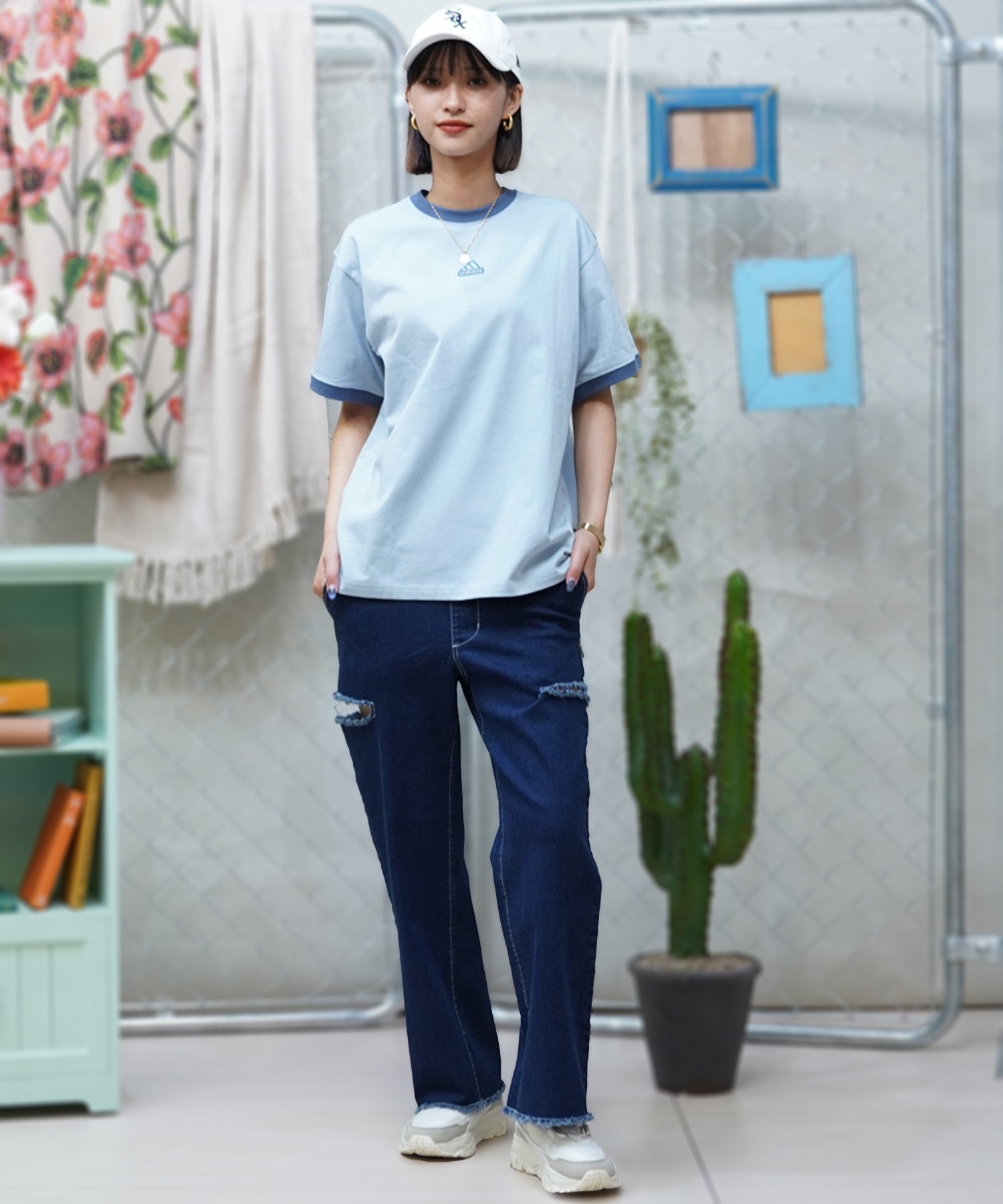 adidas アディダス レディース 半袖 Tシャツ オーバーサイズ クルーネック ルーズフィット JSY22(LBLU-M)