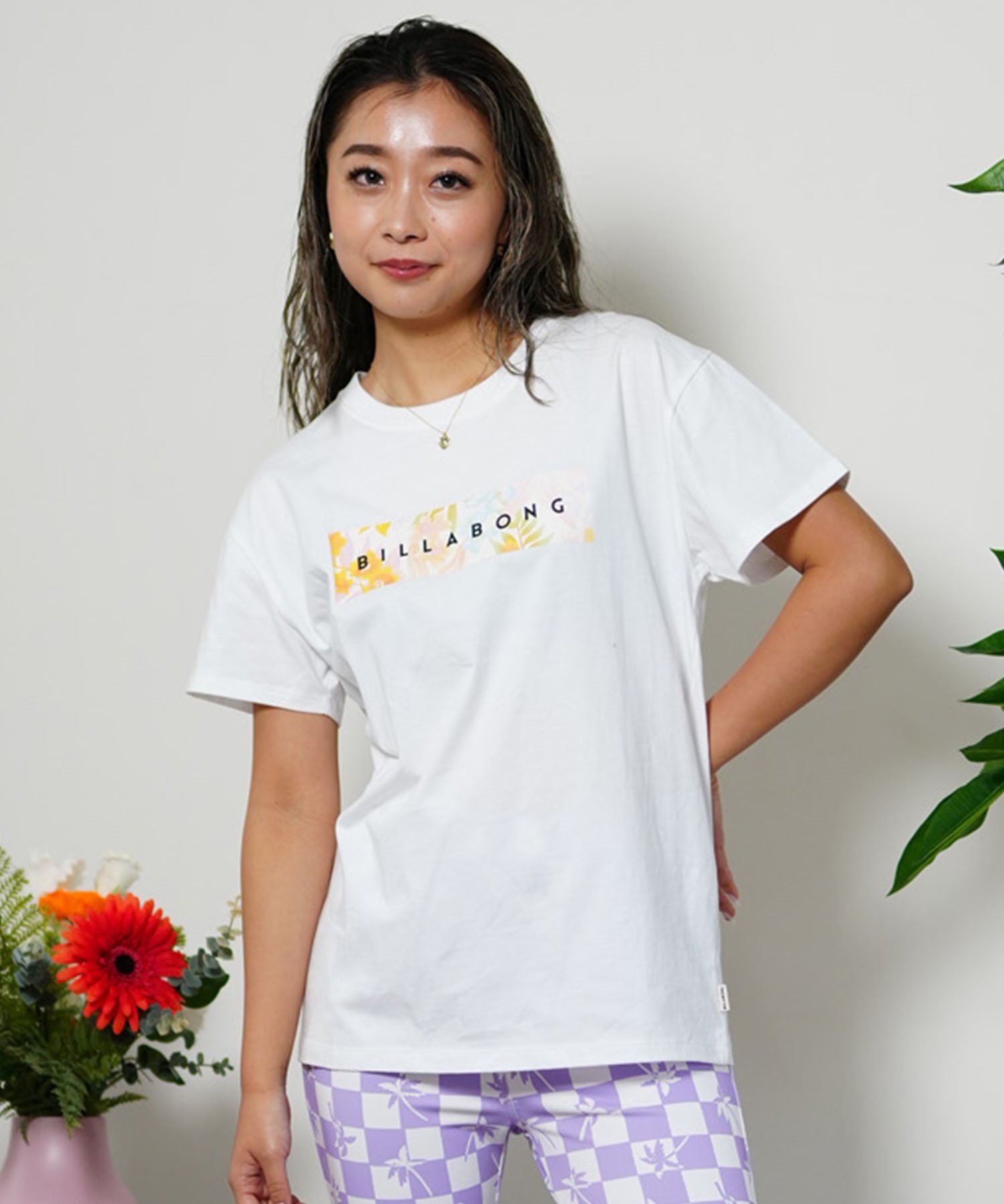 BILLABONG ビラボン レディース 半袖Tシャツ ボックスロゴ ボタニカル柄 BE013-221(BLK-M)