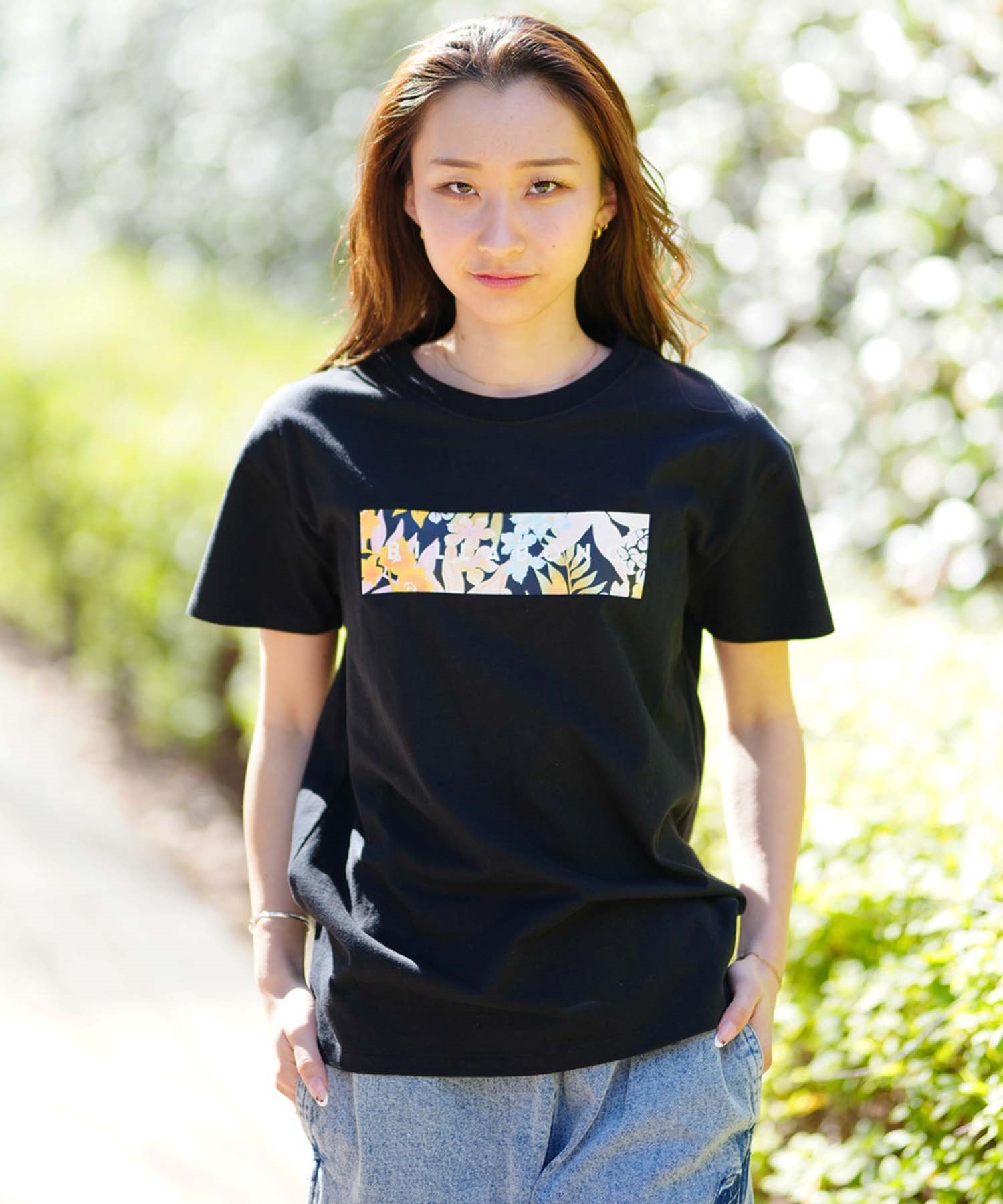 BILLABONG ビラボン レディース 半袖Tシャツ ボックスロゴ ボタニカル柄 BE013-221(BLK-M)