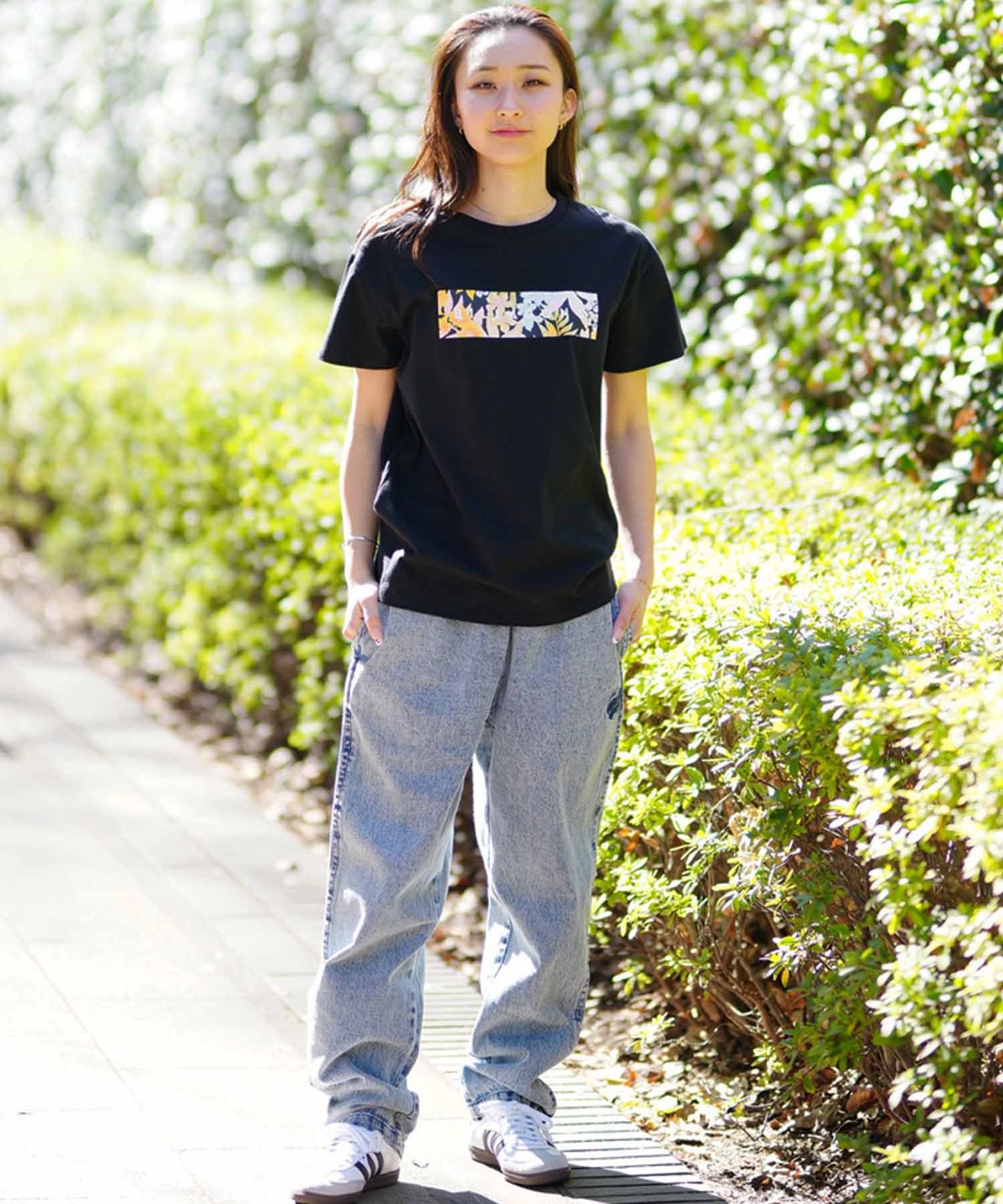 BILLABONG ビラボン レディース 半袖Tシャツ ボックスロゴ ボタニカル柄 BE013-221(BLK-M)