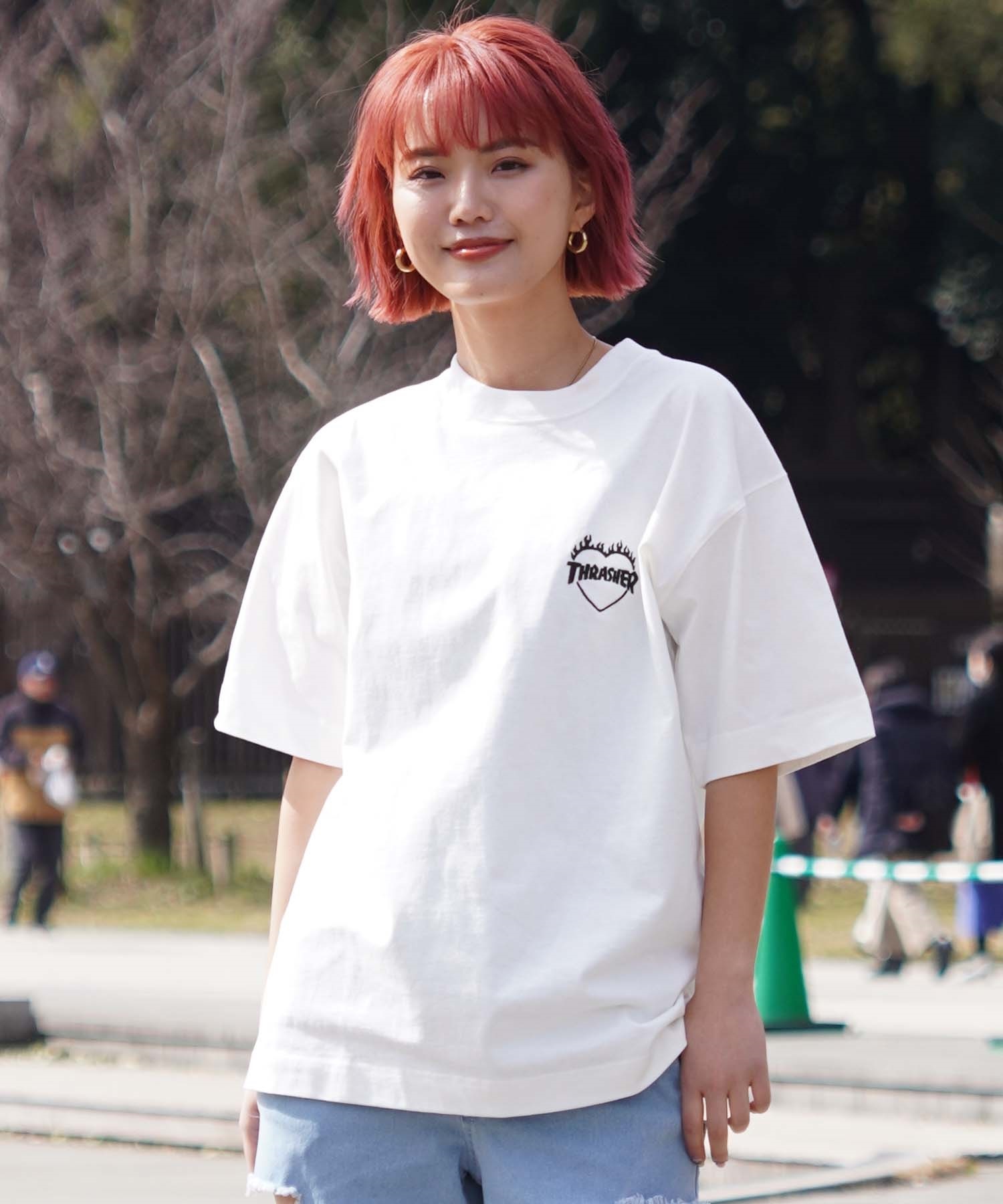 【ムラサキスポーツ限定】THRASHER スラッシャー レディース Tシャツ バーニングハートロゴ ボックスシルエット THML-24SPZOZO01(WHT-M)