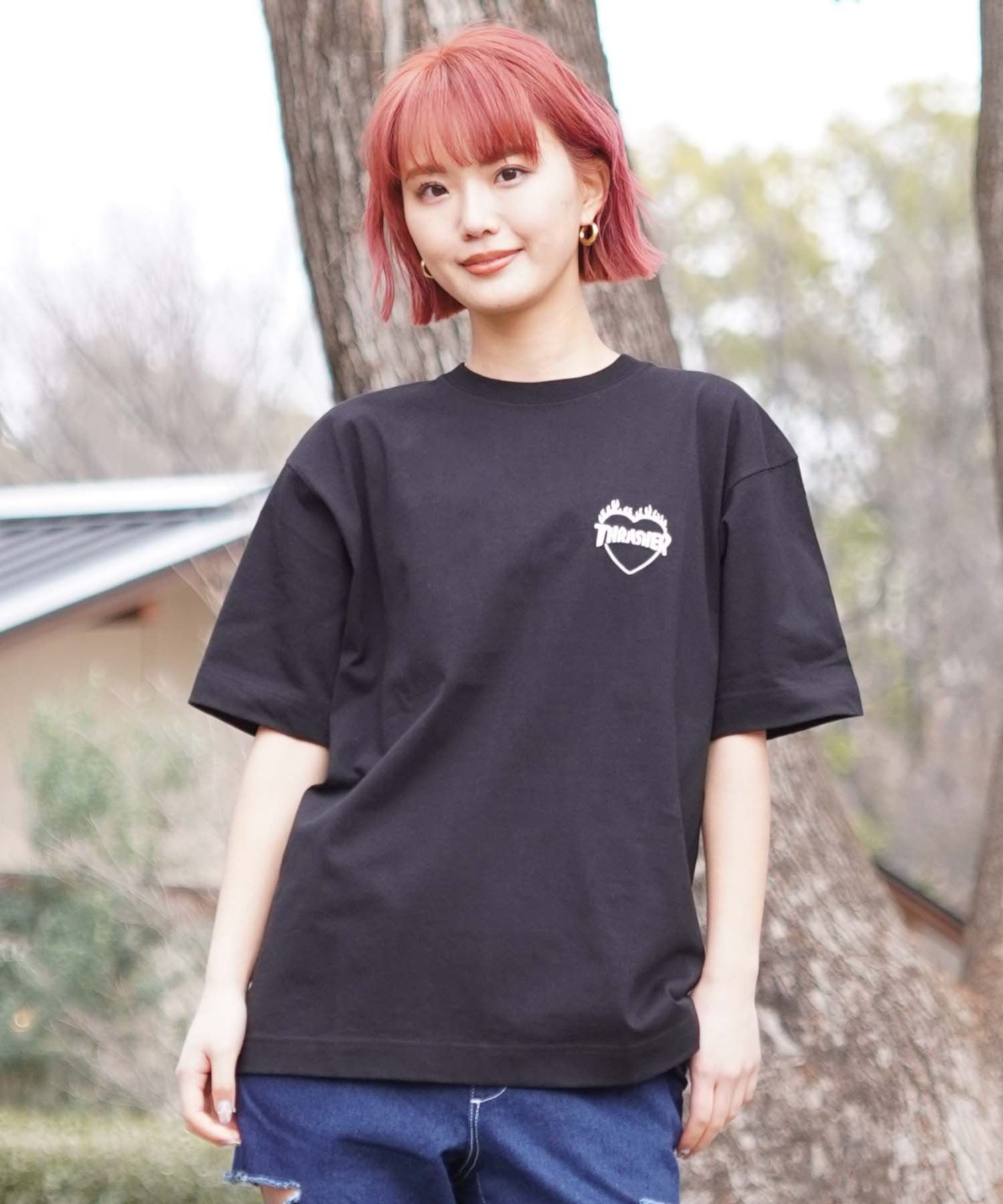【ムラサキスポーツ限定】THRASHER スラッシャー レディース Tシャツ バーニングハートロゴ ボックスシルエット THML-24SPZOZO01(WHT-M)