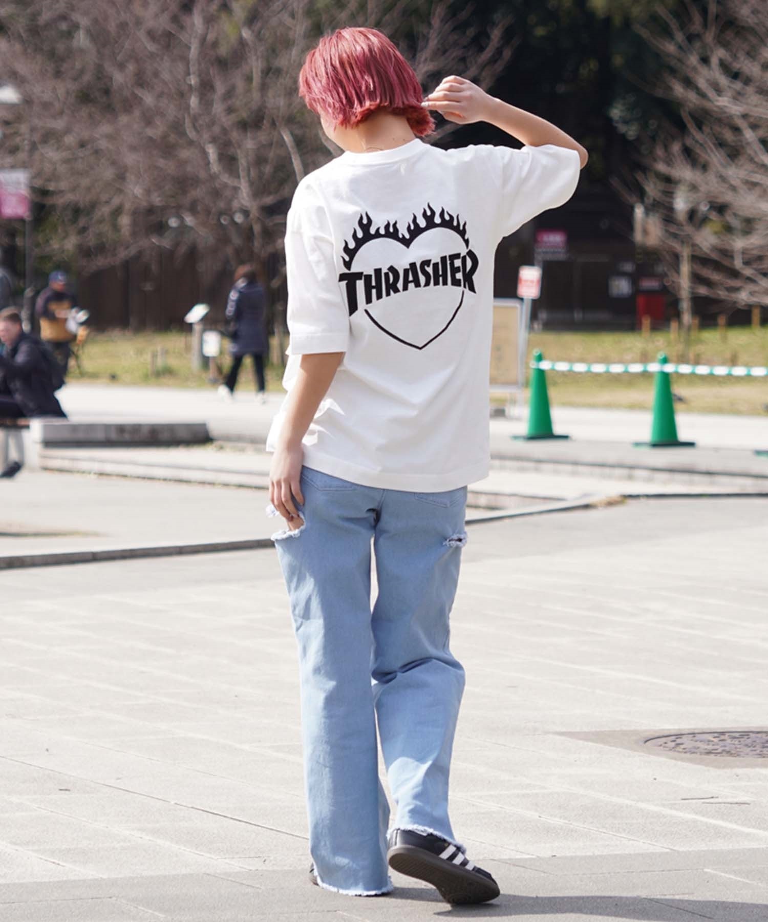 【ムラサキスポーツ限定】THRASHER スラッシャー レディース Tシャツ バーニングハートロゴ ボックスシルエット THML-24SPZOZO01(WHT-M)
