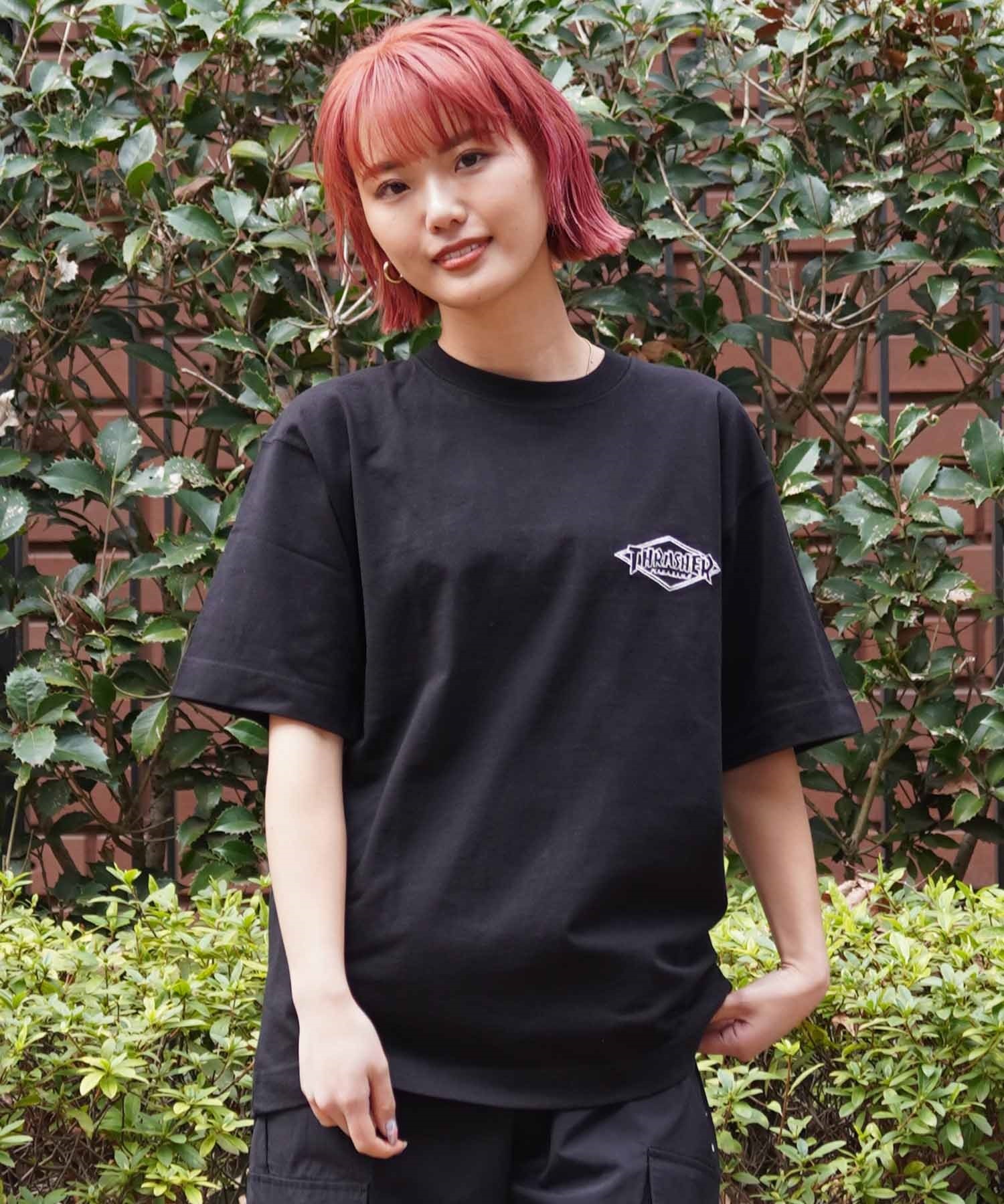 【マトメガイ対象】【ムラサキスポーツ限定】THRASHER スラッシャー レディース Tシャツ ダイアモンドロゴ ボックスシルエット THML-24SPZOZO02(BLK-M)