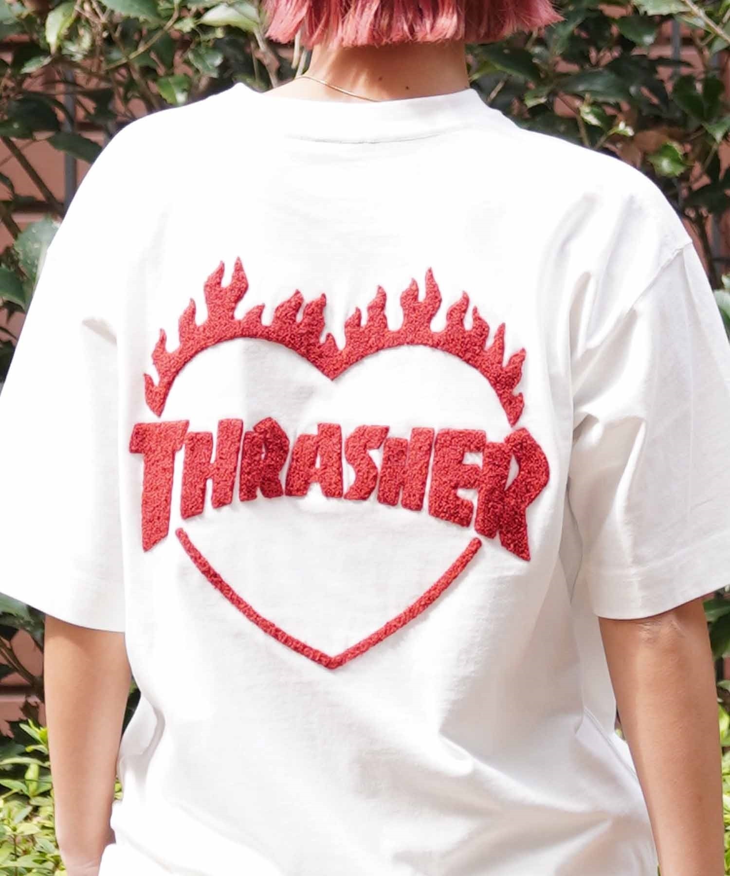 【ムラサキスポーツ限定】THRASHER スラッシャー レディース Tシャツ バーニングハートロゴ ボックスシルエット THML-24SPSST03(WHT-M)