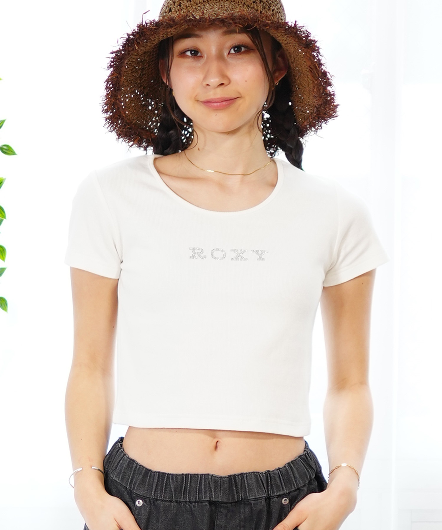 【クーポン対象】ROXY ロキシー レディース 半袖 Tシャツ クルーネック ショート丈 クロップ ミニ チビ RST242613T(BLK-M)