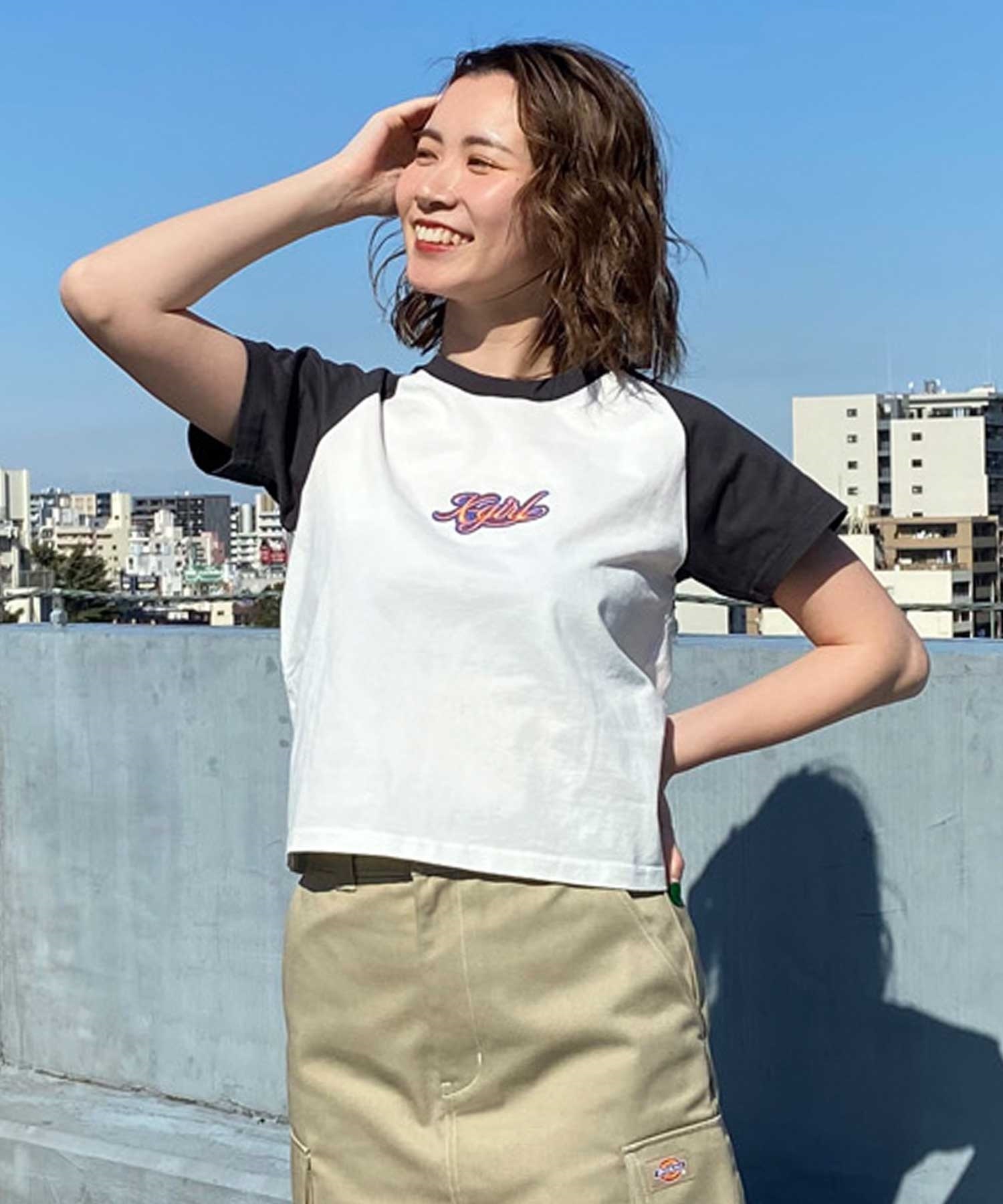 X-girl/エックスガール EMBROIDERYLOGO RAGLAN BABY TEE 105242011039 レディース  Tシャツ ムラサキスポーツ限定(WHITE-S)