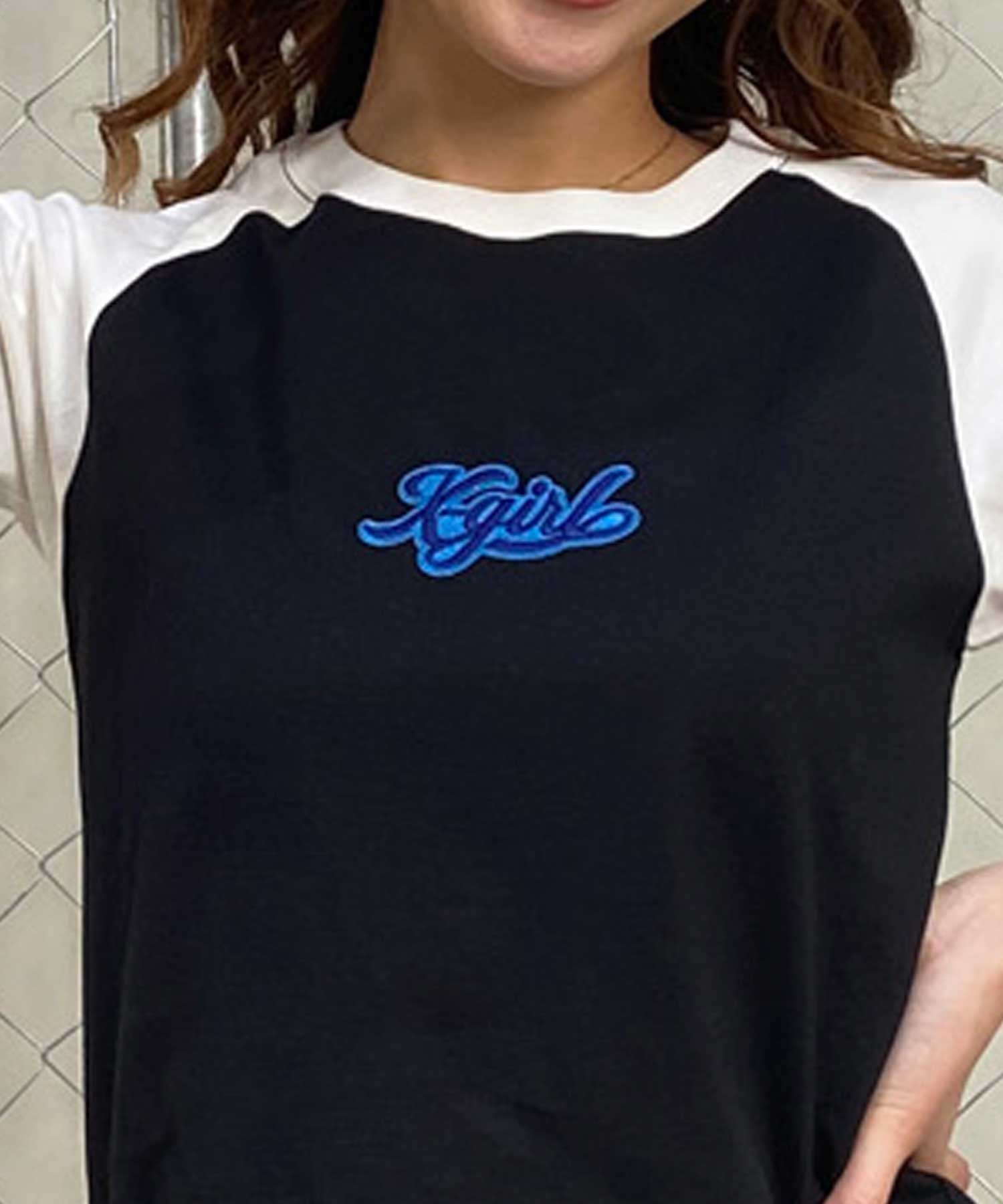 X-girl/エックスガール EMBROIDERYLOGO RAGLAN BABY TEE 105242011039 レディース  Tシャツ ムラサキスポーツ限定(BLACK-S)