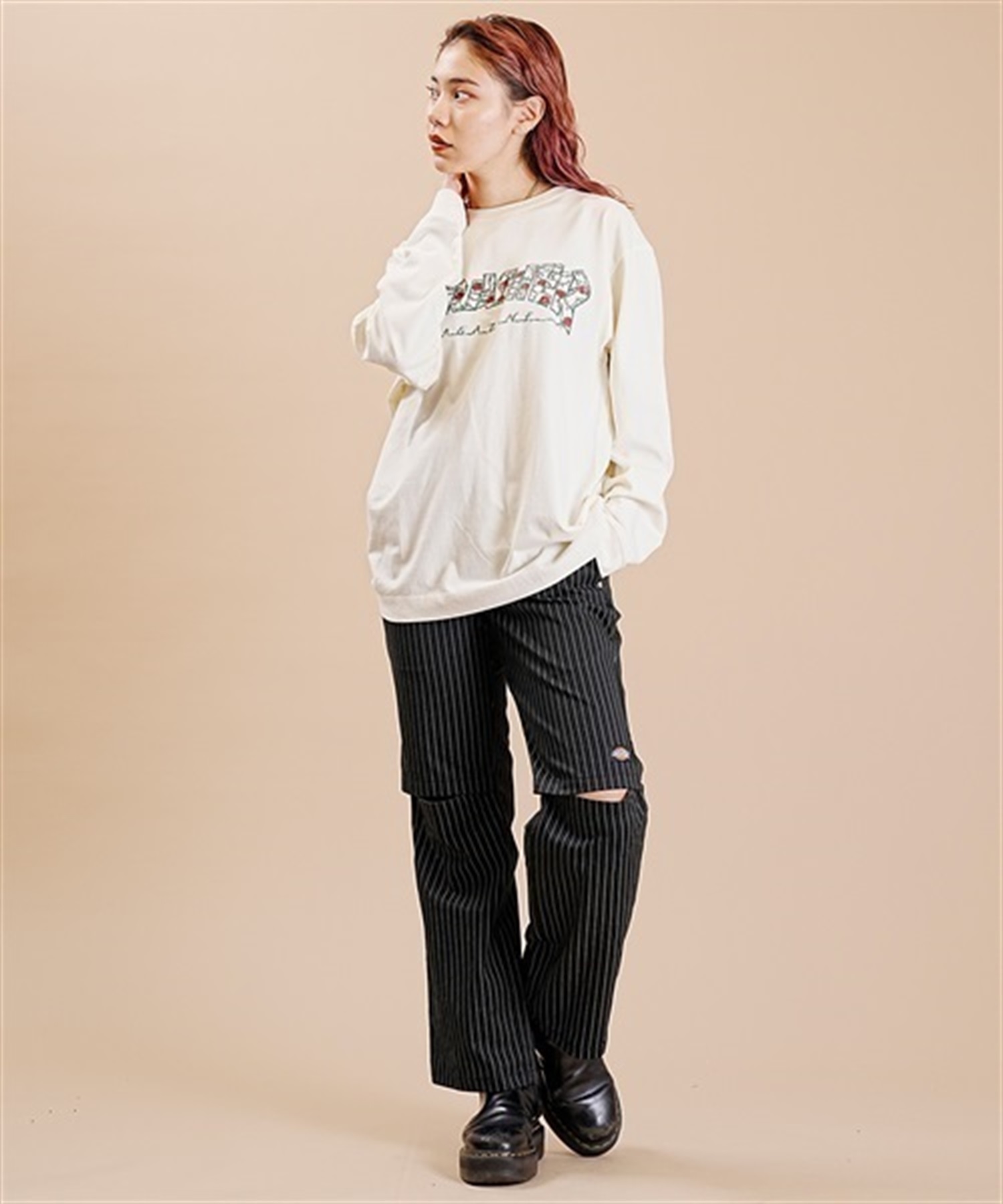 THRASHER/スラッシャー 長袖 Tシャツ ロンT ローズ柄ロゴ かすれプリント ビッグシルエット ピグメント染め ムラサキスポーツ限定 THT-03(IVO-M)