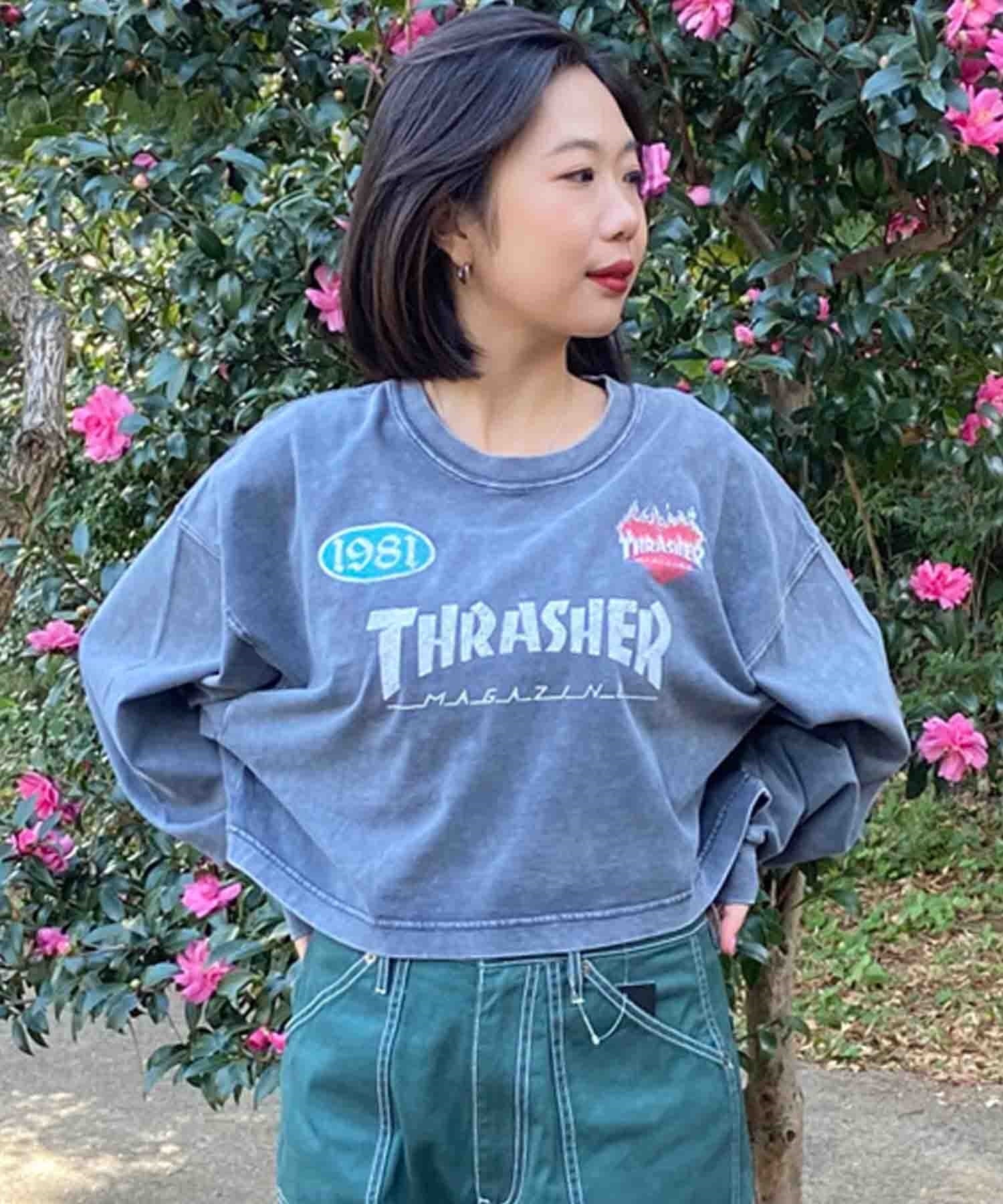 【ムラサキスポーツ限定】THRASHER スラッシャー レディース ロンT 長袖Tシャツ パウダーブリーチ加工 ショート丈 THML-24ASLS01(BLK-FREE)