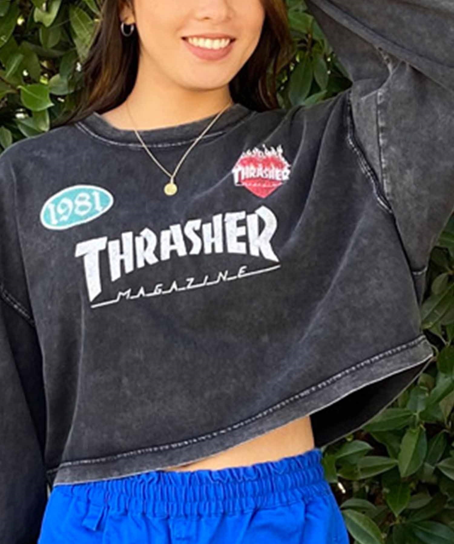 【ムラサキスポーツ限定】THRASHER スラッシャー レディース ロンT 長袖Tシャツ パウダーブリーチ加工 ショート丈 THML-24ASLS01(BLK-FREE)