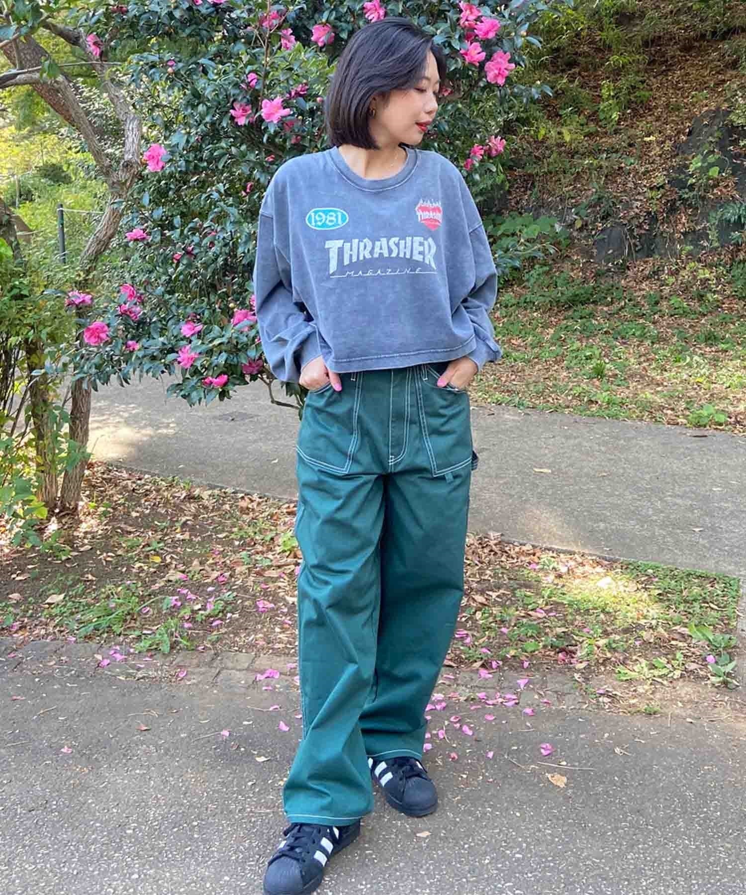 【ムラサキスポーツ限定】THRASHER スラッシャー レディース ロンT 長袖Tシャツ パウダーブリーチ加工 ショート丈 THML-24ASLS01(BLK-FREE)