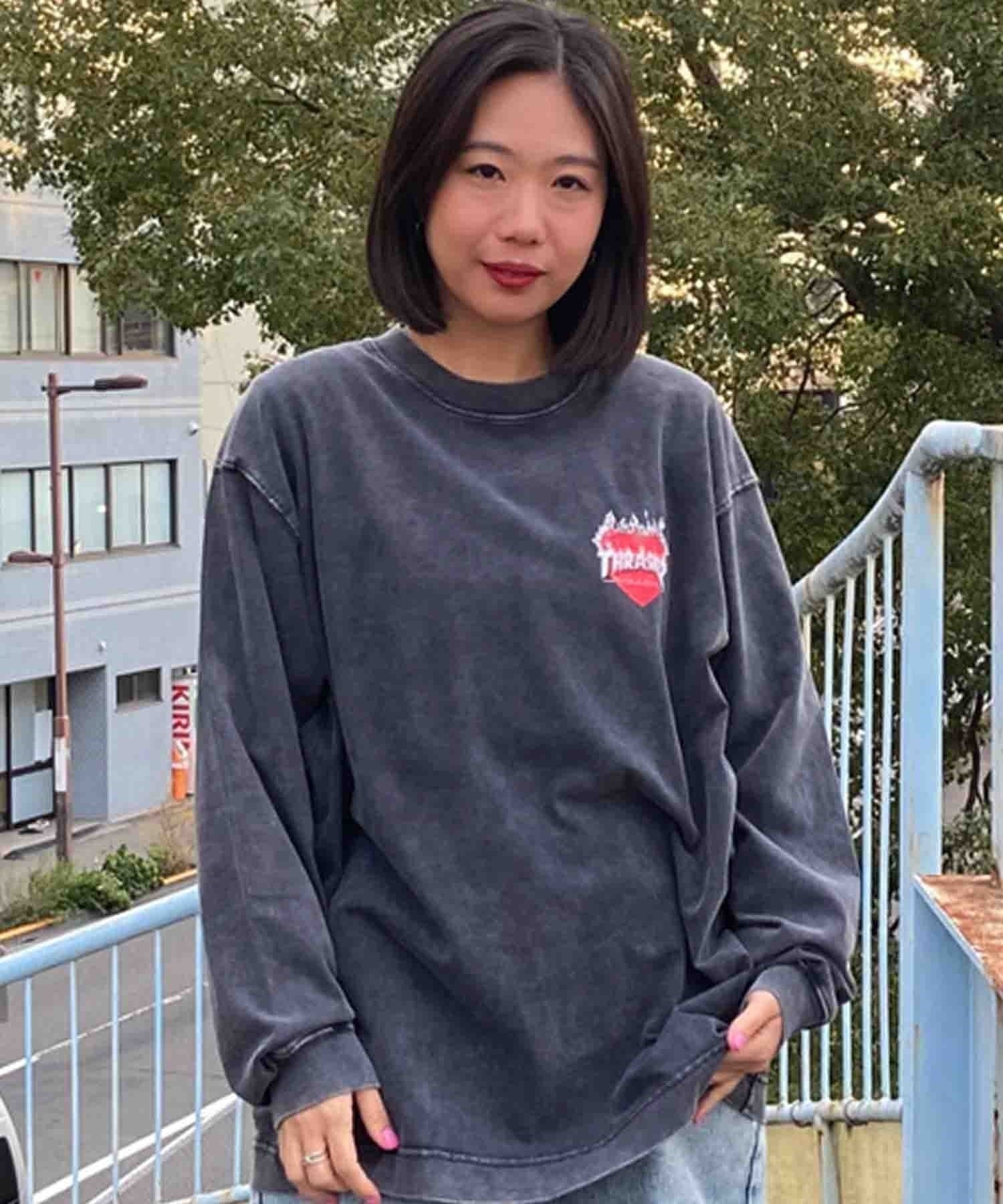 【ムラサキスポーツ限定】THRASHER スラッシャー レディース ロンT 長袖Tシャツ カスレプリント ビッグシルエット THML-24ASLS02(BLK-M)