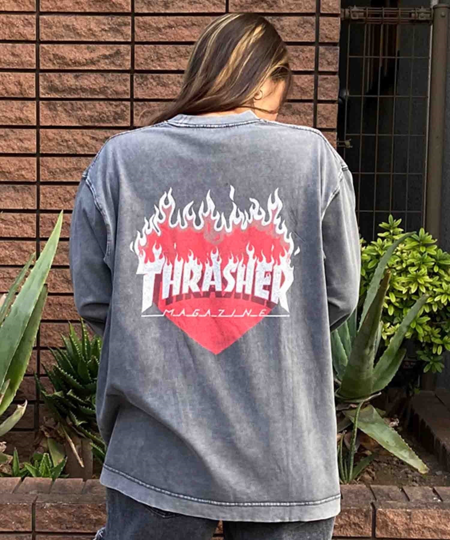 【ムラサキスポーツ限定】THRASHER スラッシャー レディース ロンT 長袖Tシャツ カスレプリント ビッグシルエット THML-24ASLS02(BLK-M)