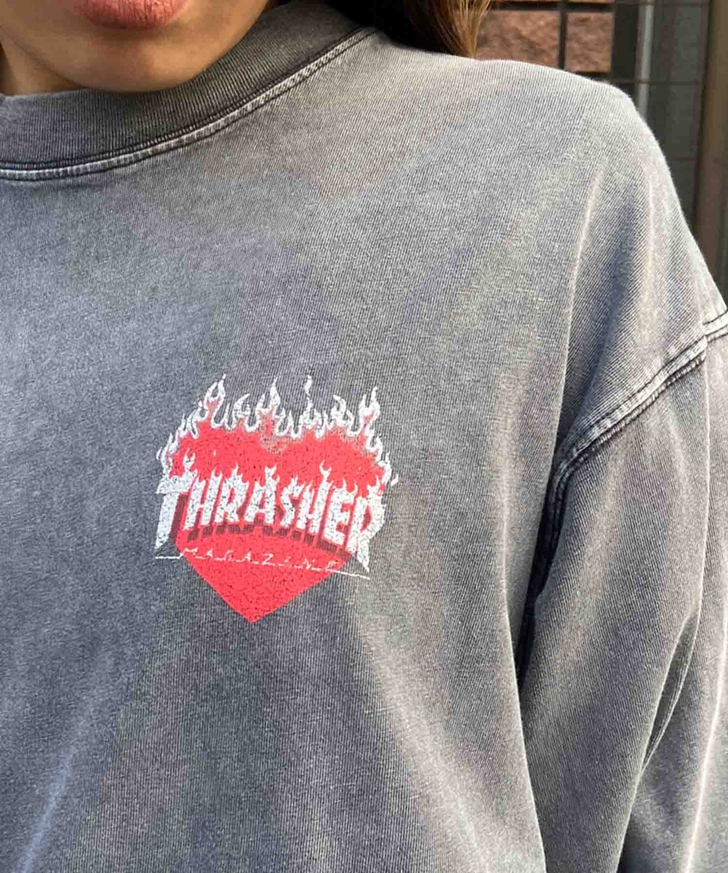 【ムラサキスポーツ限定】THRASHER スラッシャー レディース ロンT 長袖Tシャツ カスレプリント ビッグシルエット THML-24ASLS02(BLK-M)