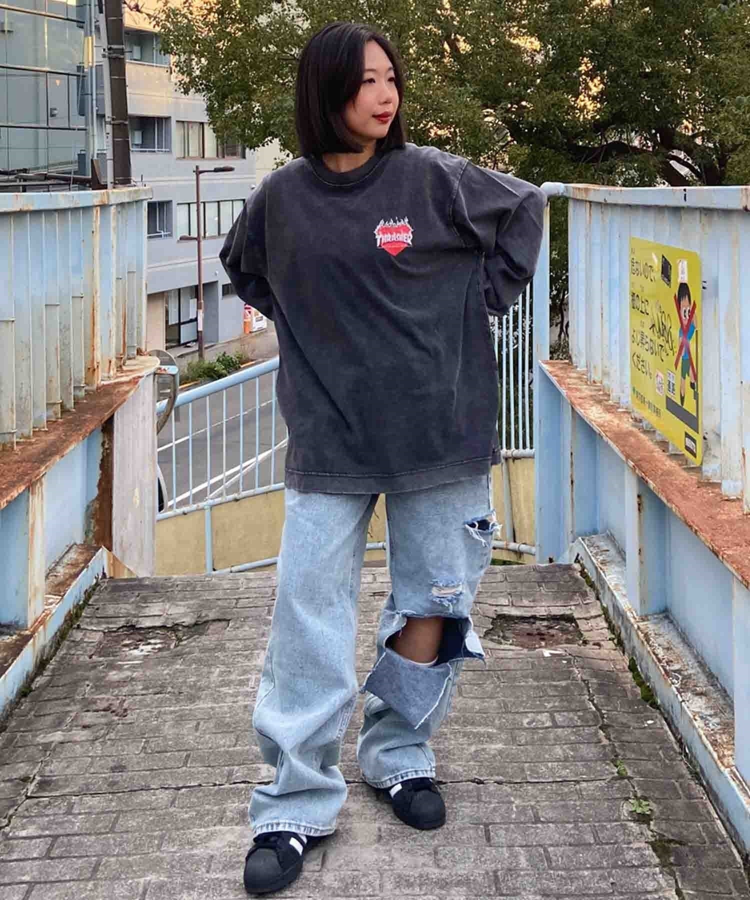 【ムラサキスポーツ限定】THRASHER スラッシャー レディース ロンT 長袖Tシャツ カスレプリント ビッグシルエット THML-24ASLS02(BLK-M)