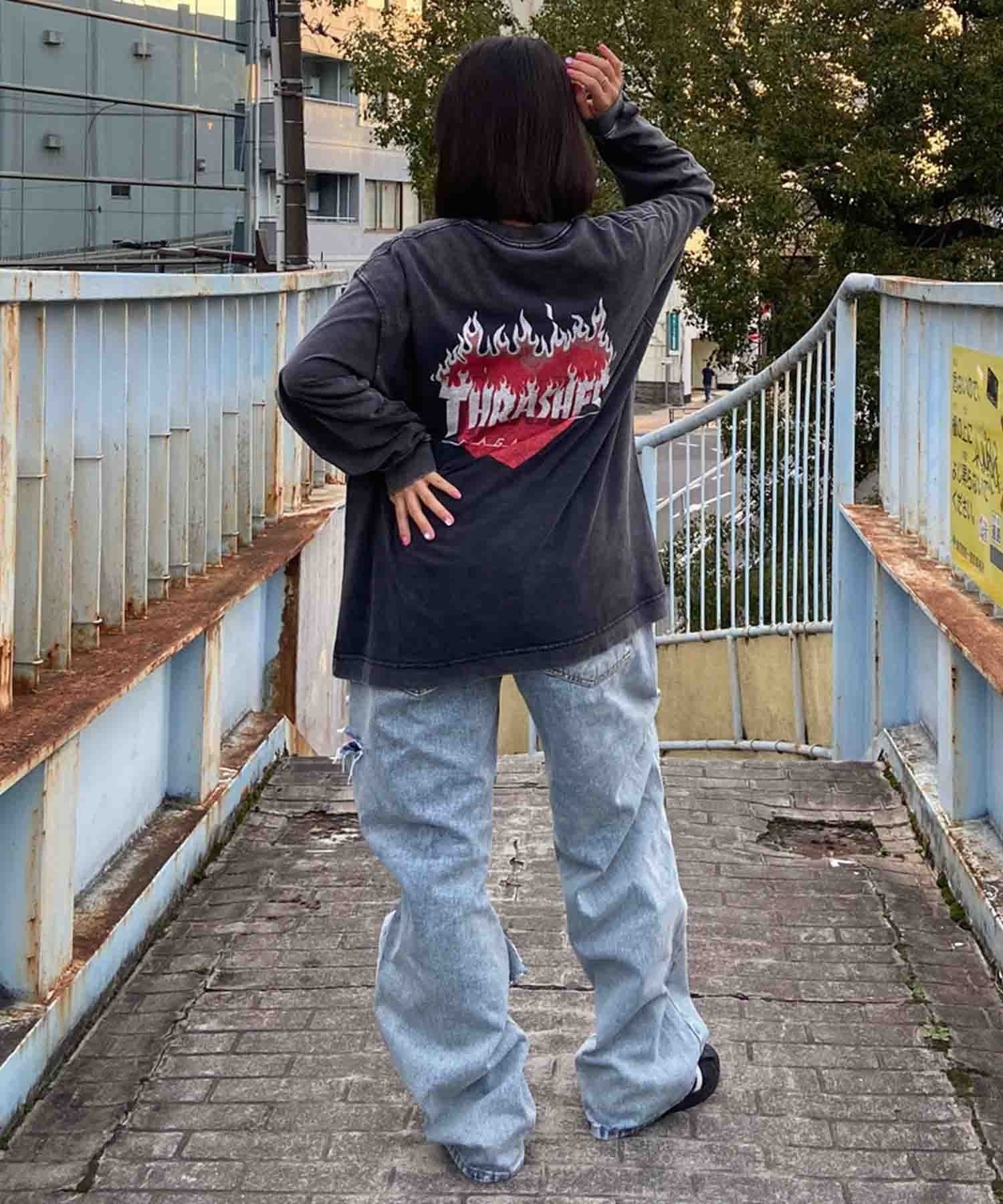 【ムラサキスポーツ限定】THRASHER スラッシャー レディース ロンT 長袖Tシャツ カスレプリント ビッグシルエット THML-24ASLS02(BLK-M)