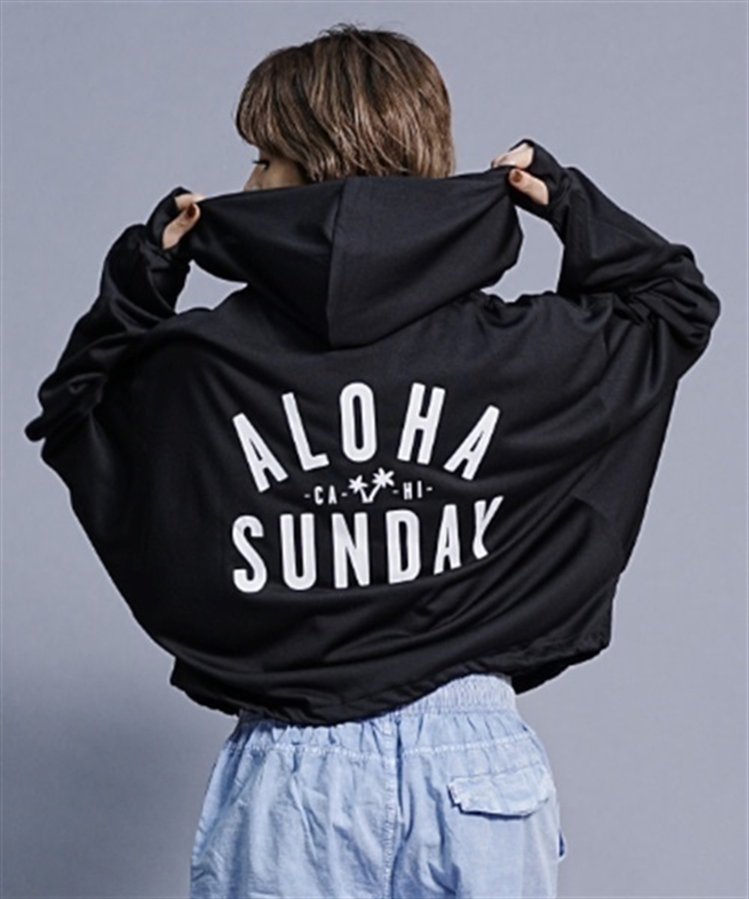【ムラサキスポーツ別注】ALOHA SUNDAY アロハサンデー 水陸両用 無地 ショート丈バックプリントラッシュガード パーカーラッシュガード AS-MS-001(BLACK-M)
