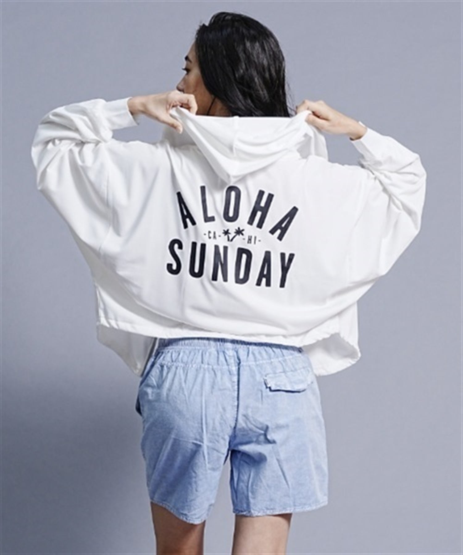 【ムラサキスポーツ別注】ALOHA SUNDAY/アロハサンデー 水陸両用/無地/ショート丈バックプリントラッシュガード/パーカーラッシュガード AS-MS-001(BLACK-M)