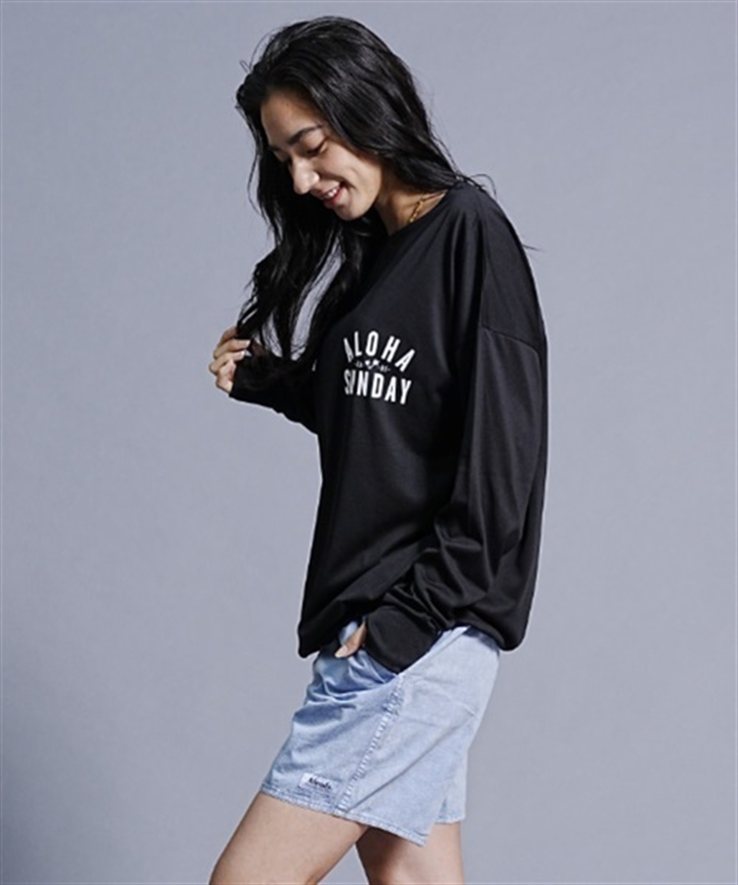 【ムラサキスポーツ別注】ALOHA SUNDAY アロハサンデー 水陸両用 無地 バックプリントロンT ラッシュガード ロングスリーブTEE AS-MS-002(BLACK-M)