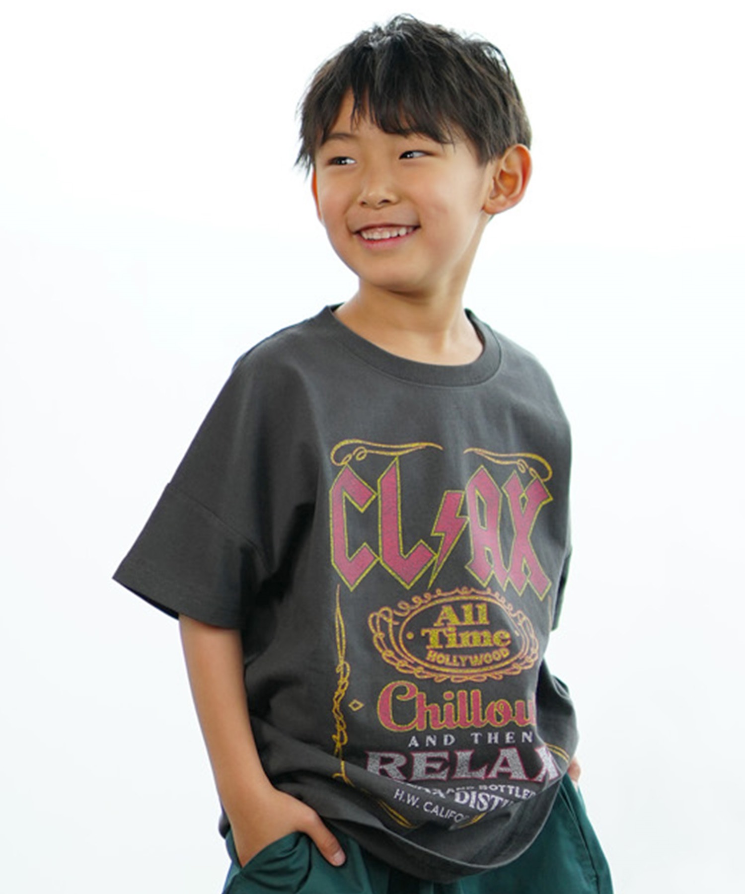 CHILLAX チラックス キッズ Tシャツ 半袖 バンド風 ピグメント加工 ヴィンテージ風 オーバーサイズ 242CL3ST192(RED-130cm)