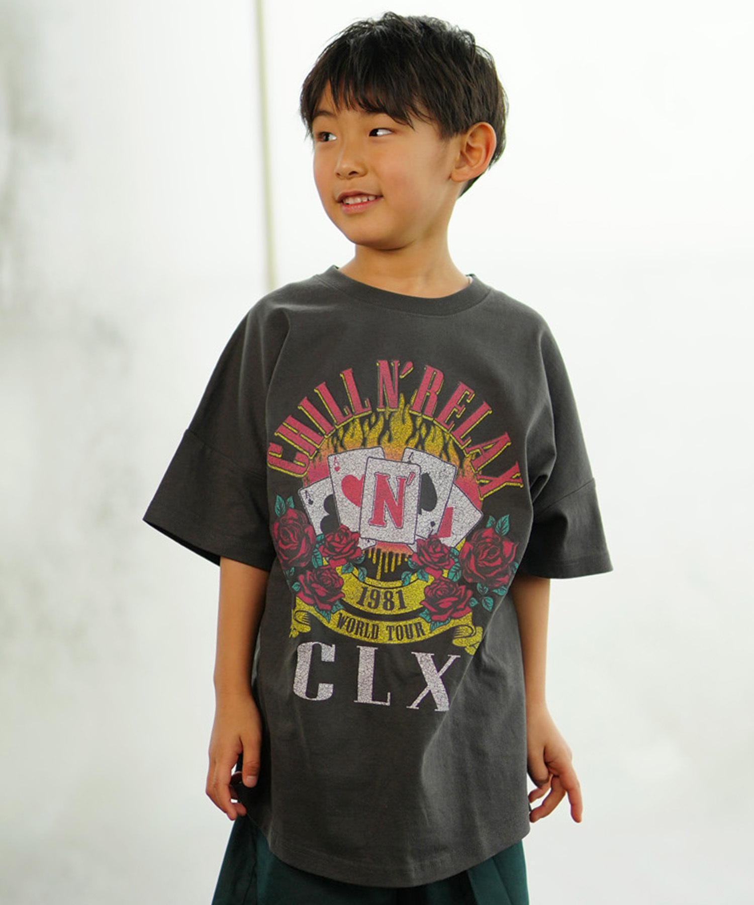 CHILLAX チラックス キッズ Tシャツ 半袖 バンド風 ピグメント加工 ヴィンテージ風 オーバーサイズ 242CL3ST192(RED-130cm)