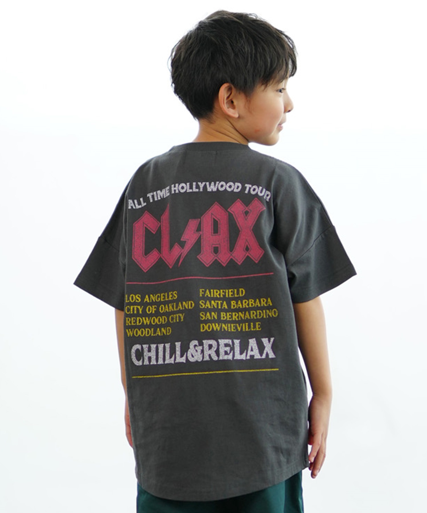 CHILLAX チラックス キッズ Tシャツ 半袖 バンド風 ピグメント加工 ヴィンテージ風 オーバーサイズ 242CL3ST192(ORG-130cm)