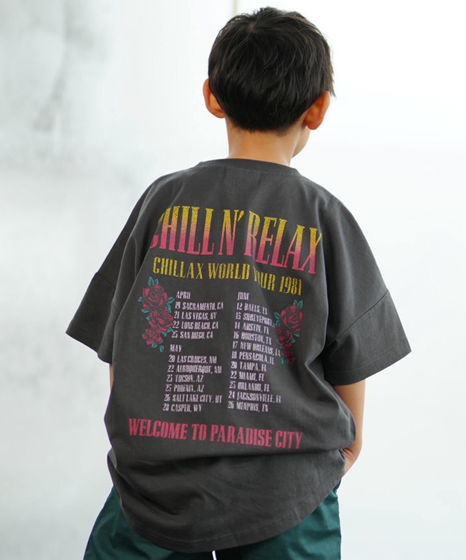 CHILLAX チラックス キッズ Tシャツ 半袖 バンド風 ピグメント加工 ヴィンテージ風 オーバーサイズ 242CL3ST192(RED-130cm)