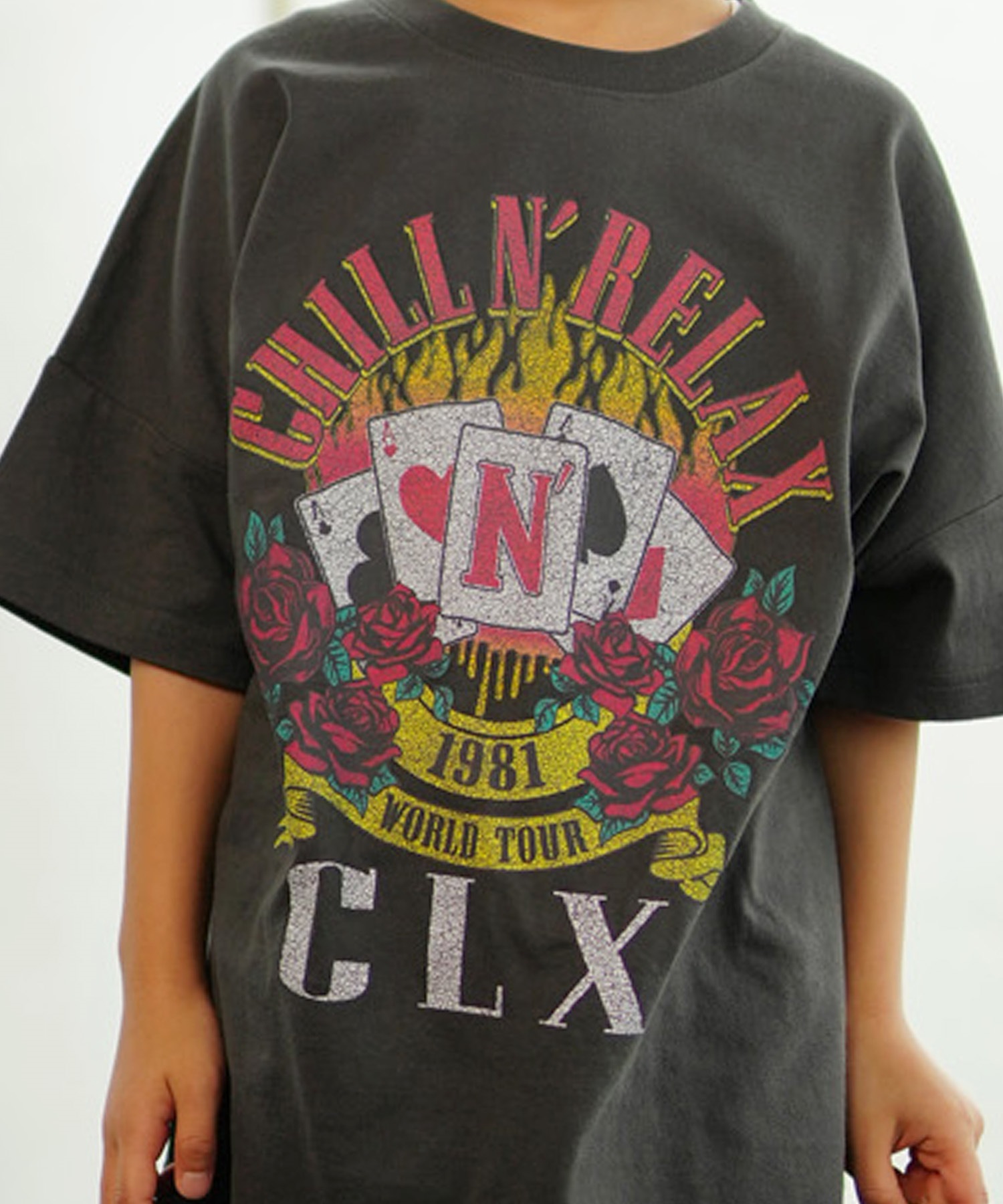 CHILLAX チラックス キッズ Tシャツ 半袖 バンド風 ピグメント加工 ヴィンテージ風 オーバーサイズ 242CL3ST192(RED-130cm)